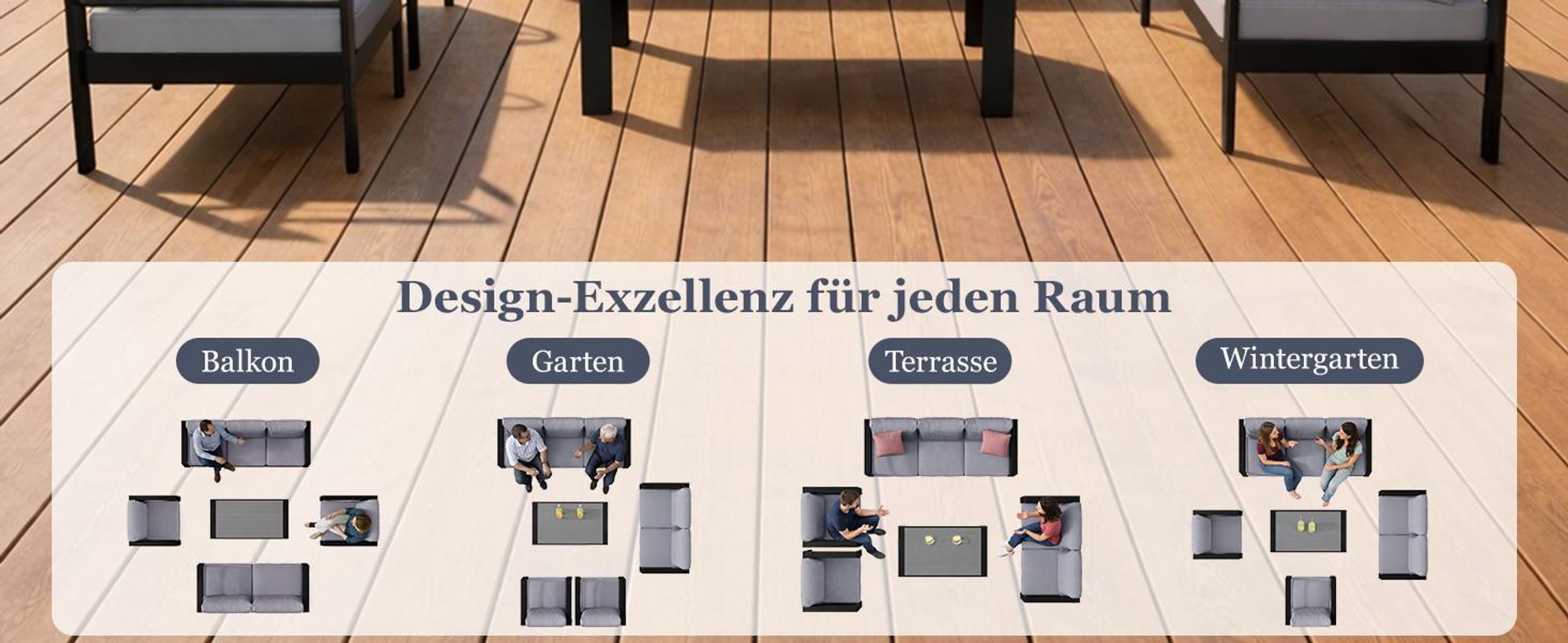 MeXo Gartenlounge-Set Gartenmöbel Set Aluminium Wetterfest 6-7 Personen, mit 12cm Deluxe Relax-Sitzkissen, pflegeleichte Polywood-Tischplatte