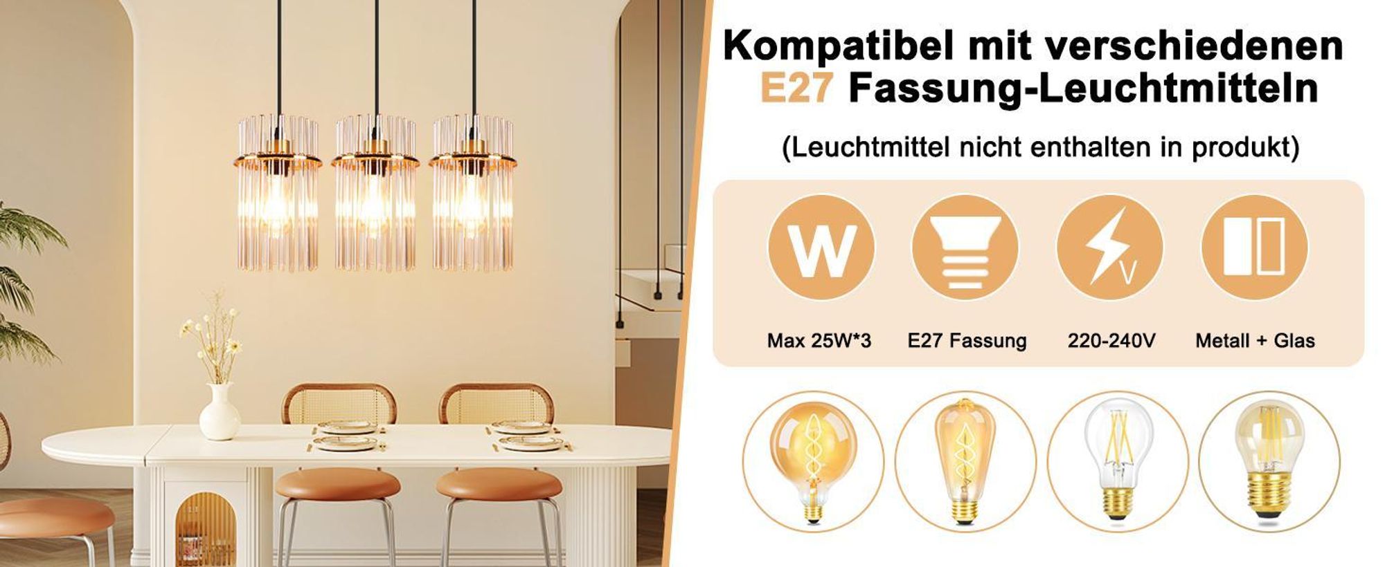 ZMH Pendelleuchte Esstisch Hängelampe 3 Flammig - Hängeleuchte Gold E27 Vintage Esszimmerlampe Hängend aus Glasschirm Ø 16 für Küche Cafe Bar Wohnzimmer (ohne Leuchtmittel)