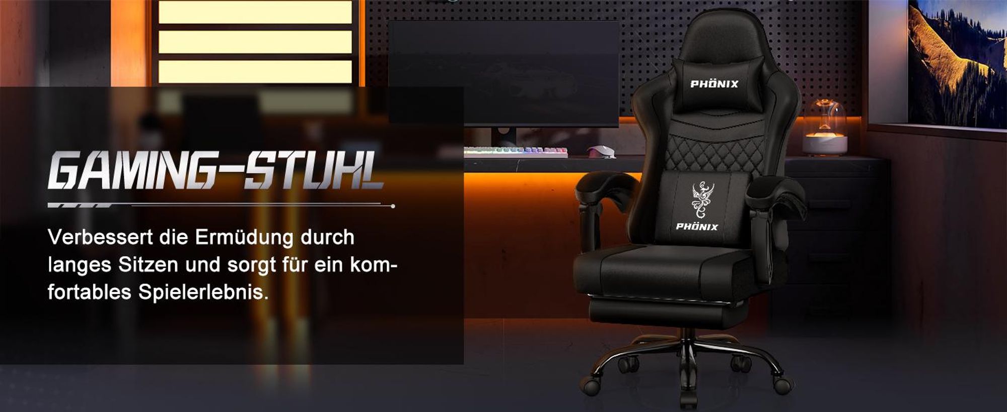 Aiibot Gaming Stuhl, Ergonomischer Gaming Sessel,Schreibtischstuhl,Gamingstuhl mit Fußstütze,Gaming stuhl 150 kg,verstellbare Rückenlehne,Schwarz