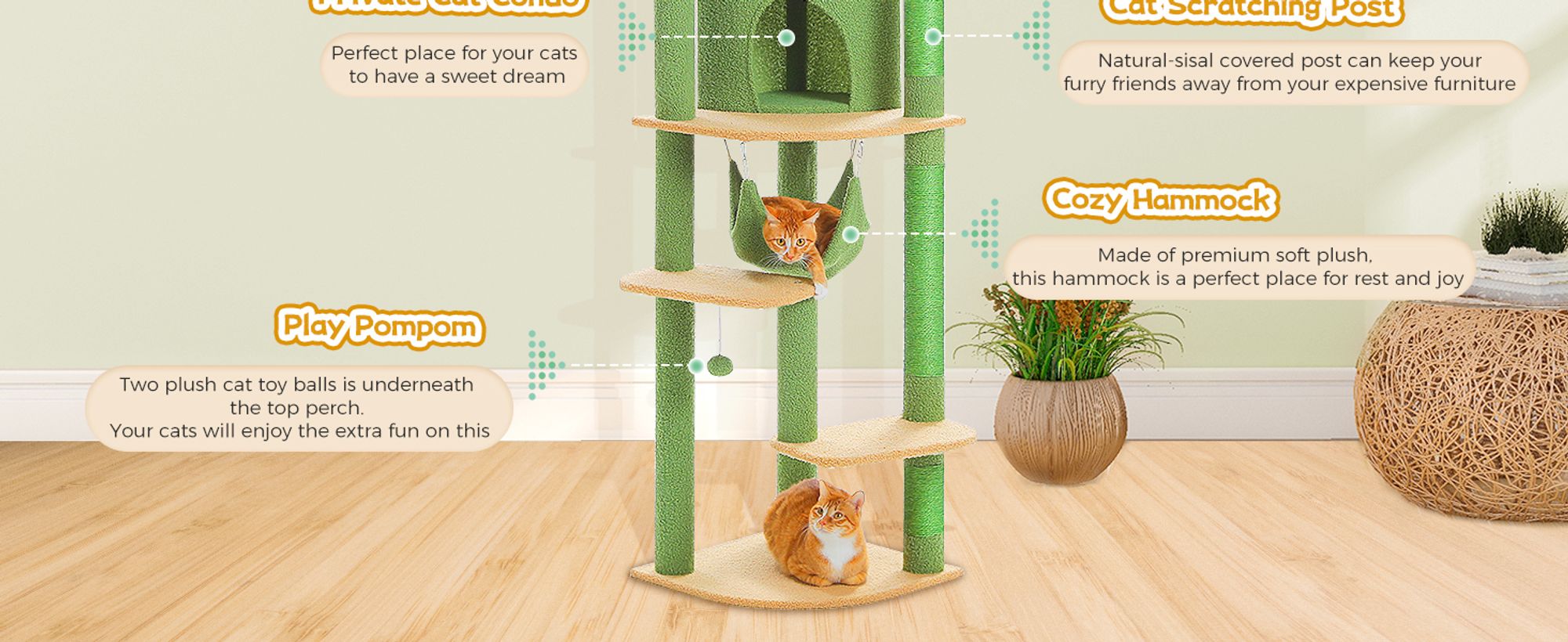 PAWZ Road XXL Katzenbaum 236-258cm mit Sisal-Kratzpfosten, Doppelkondo und Korb für Großkatzen