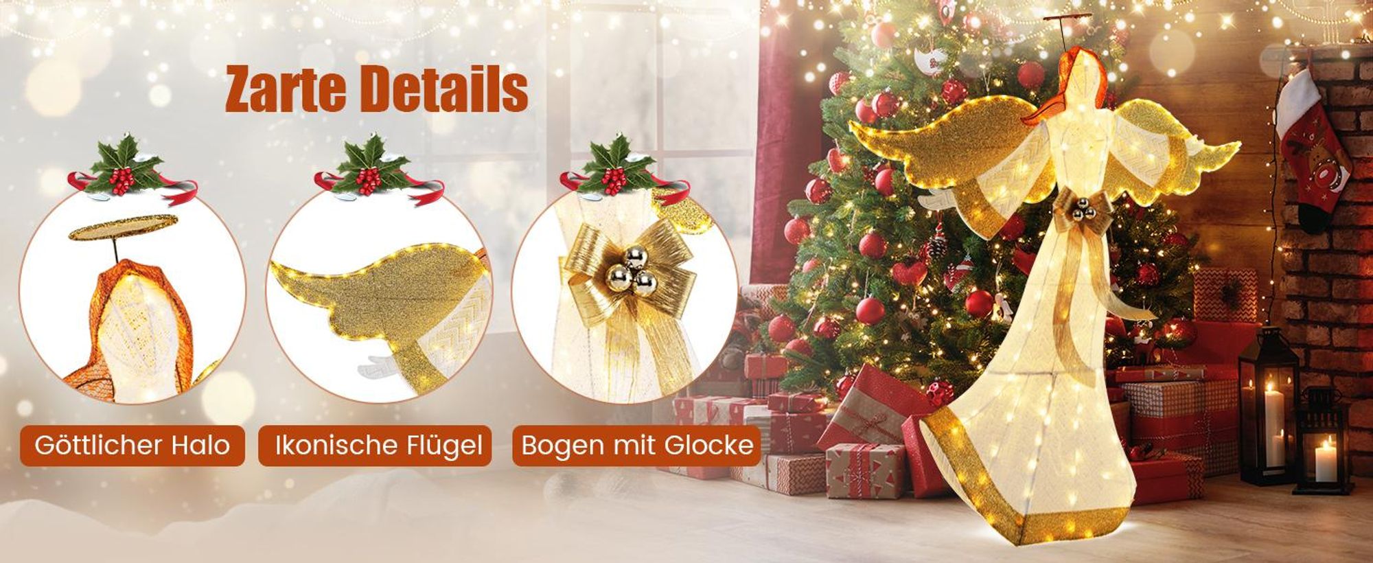 COSTWAY beleuchteter Weihnachtsengel 160cm, geflügelte Weihnachtsdeko mit 180 warmweißen LEDs, Heiligenschein & Flügeln, Weihnachtsfigur