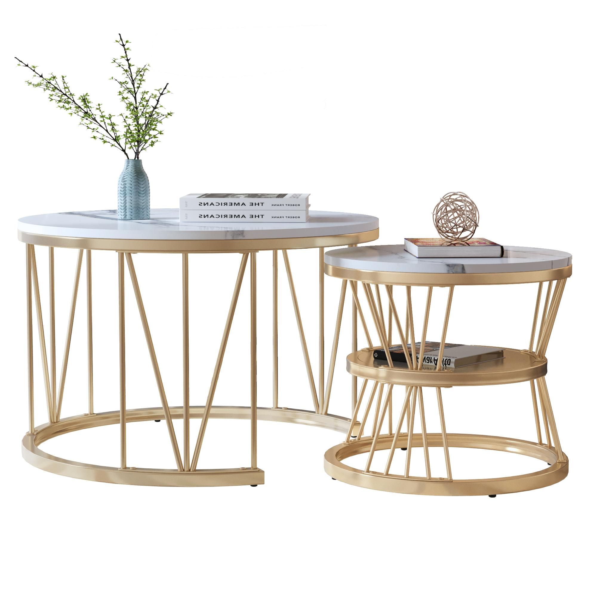 Fortuna Lai Couchtisch 2 in 1 Satztische in Marmoroptik, 2er Set Beistelltisch mit Regal, Ø 70 x 45/Ø 45 x 40 cm, Gestell aus Metall