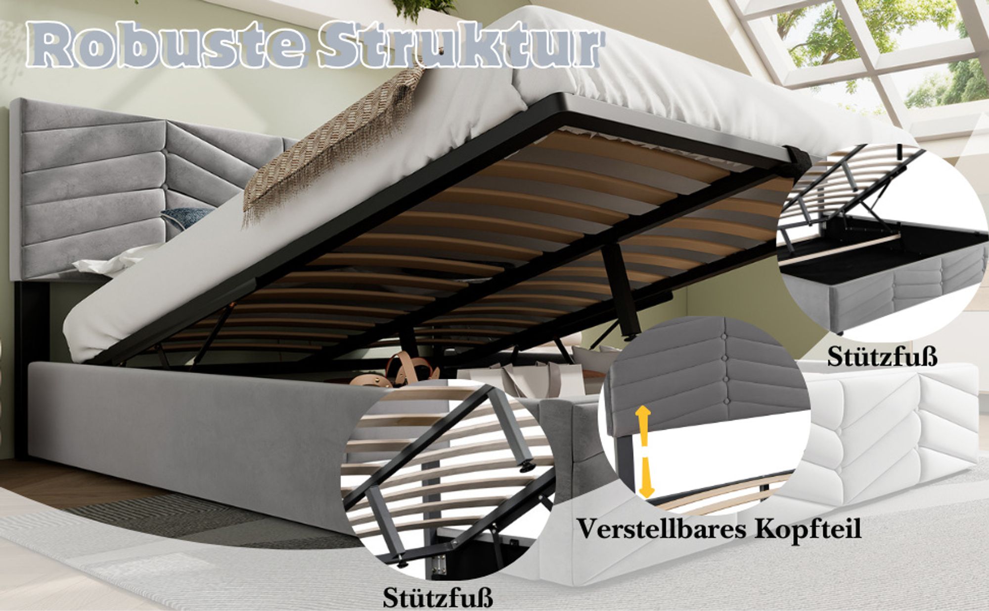 okwish Polsterbett 140 x 200 cm, Doppelbett, hydraulisches Bett, Samt, Streifenstil, Kontinentalbett, höhenverstellbares Kopfteil, grau