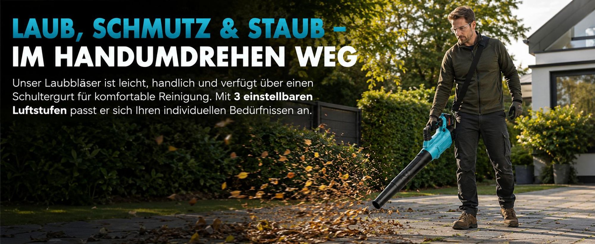 Akku Laubbläser150000RPM &3 Geschwindigkeitsstu-fen,Elektrischer Handlaubblä-ser mit 2x 4000mAh Akku und Ladegerät,für Rasenpflege, Hof, Garage,Blätte