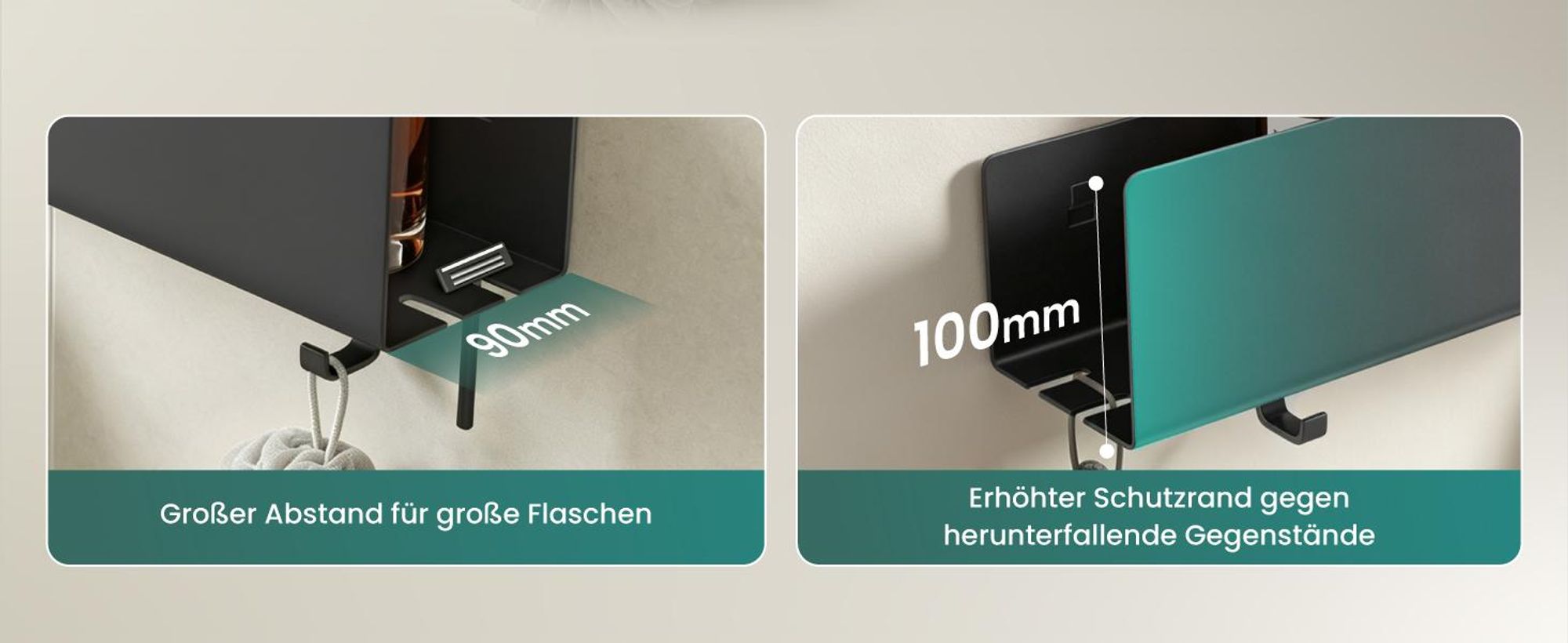 Mai & Mai Duschablage ohne Bohren mit 2 Schiebehaken, Duschablage zum Hängen Schwarz 40cm Reglo-18
