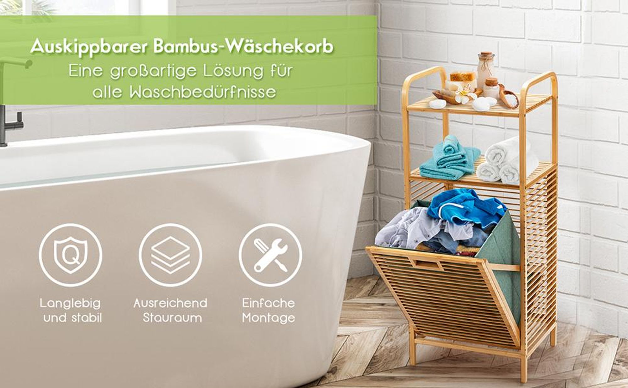 COSTWAY Badregal 40L mit Wäschekorb & ausklappbarem Wäschesack, Wäscheschrank Bambus, Badezimmerregal groß 40,5x33x95,5cm Grün