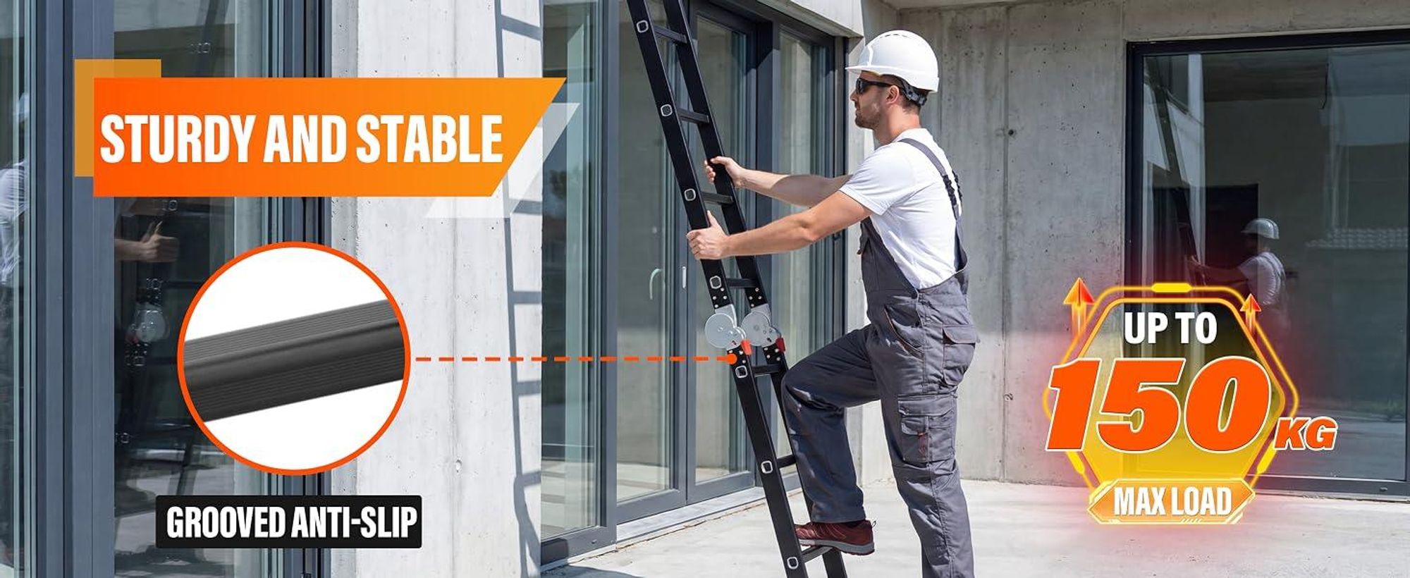 7 en 1 Échelle Pliante en Aluminium TEENO, 4.7 M, avec 2 Plateformes, 2 Roues Amovibles, Support de Travail pour Échelle, Pieds en Caoutchouc
