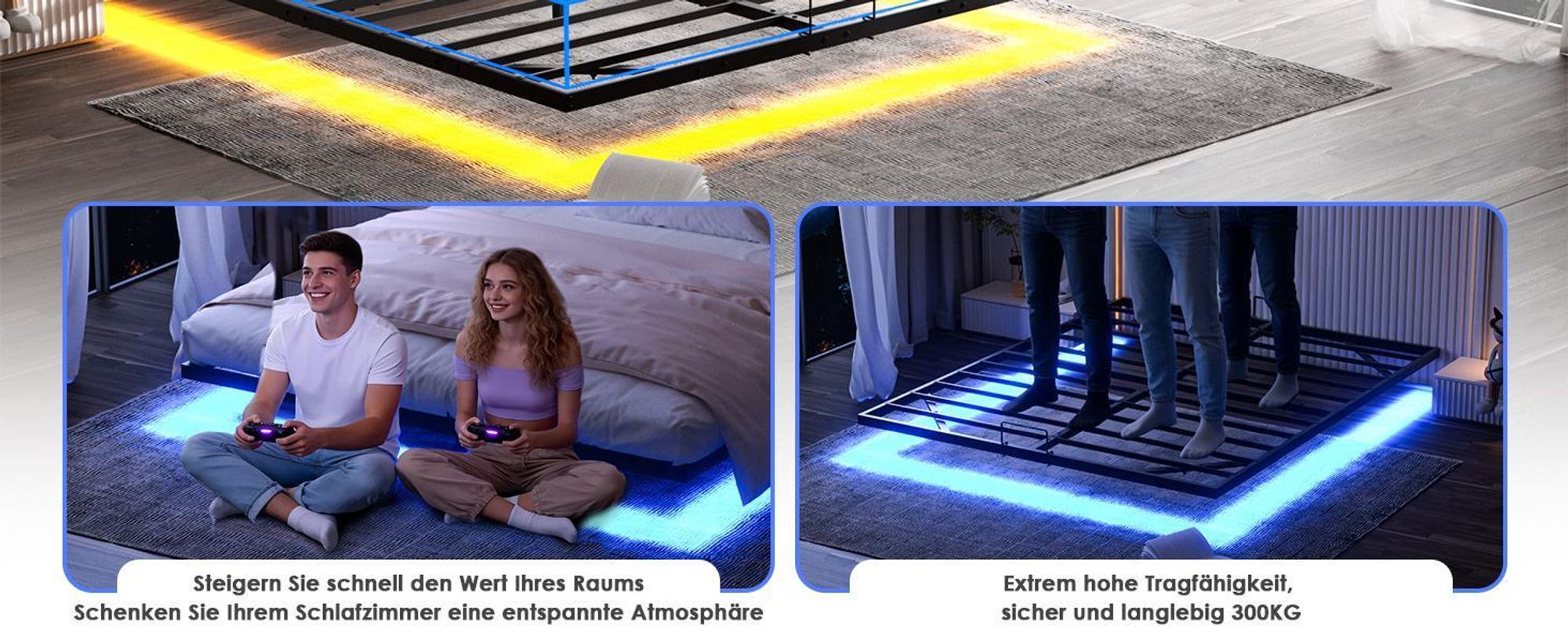 DEWINNER 180 x 200 cm Bettgestell (inkl. Metall-Bettbrett), schwebendes Doppelbett mit LED-Beleuchtung, stabiles Metall-Bettbrett, 20 cm Stauraum