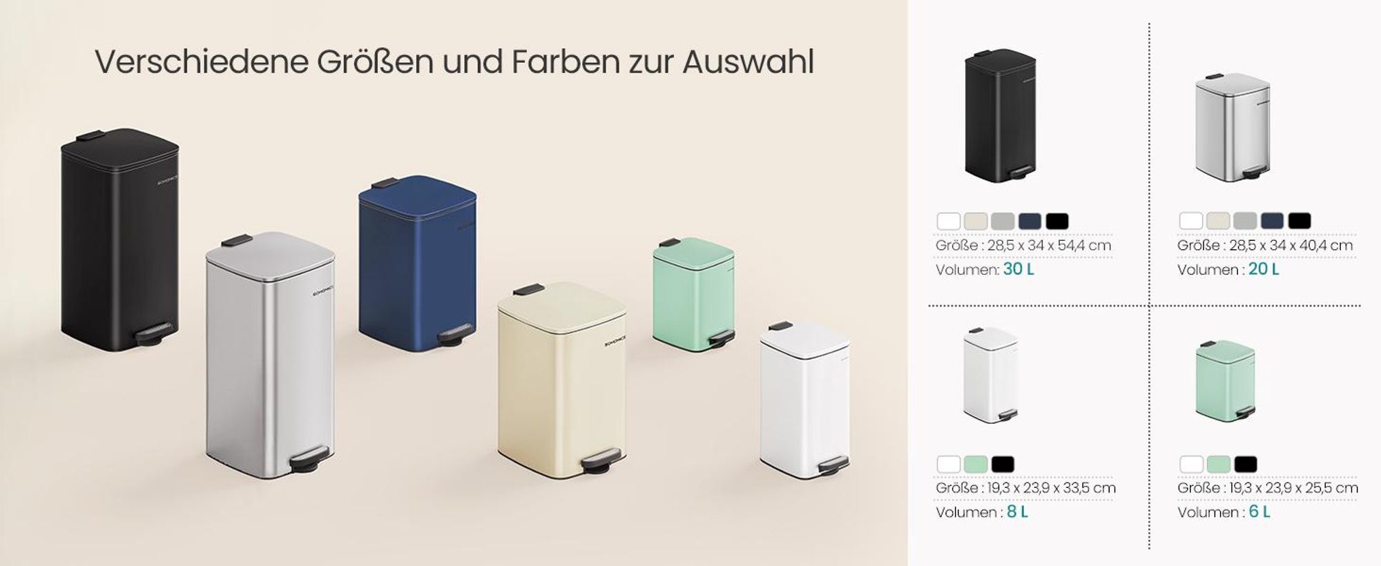 SONGMICS Mülleimer Küche, 20 Liter Abfalleimer, Tretmülleimer, Stahl, mit Inneneimer, Softclose, Offenhaltefunktion, beige