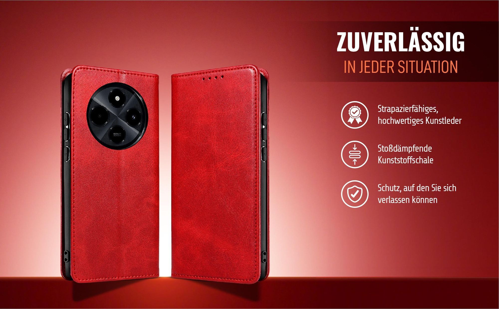 Rote Handyhülle für Xiaomi Redmi 14C aus strapazierfähigem Kunstleder