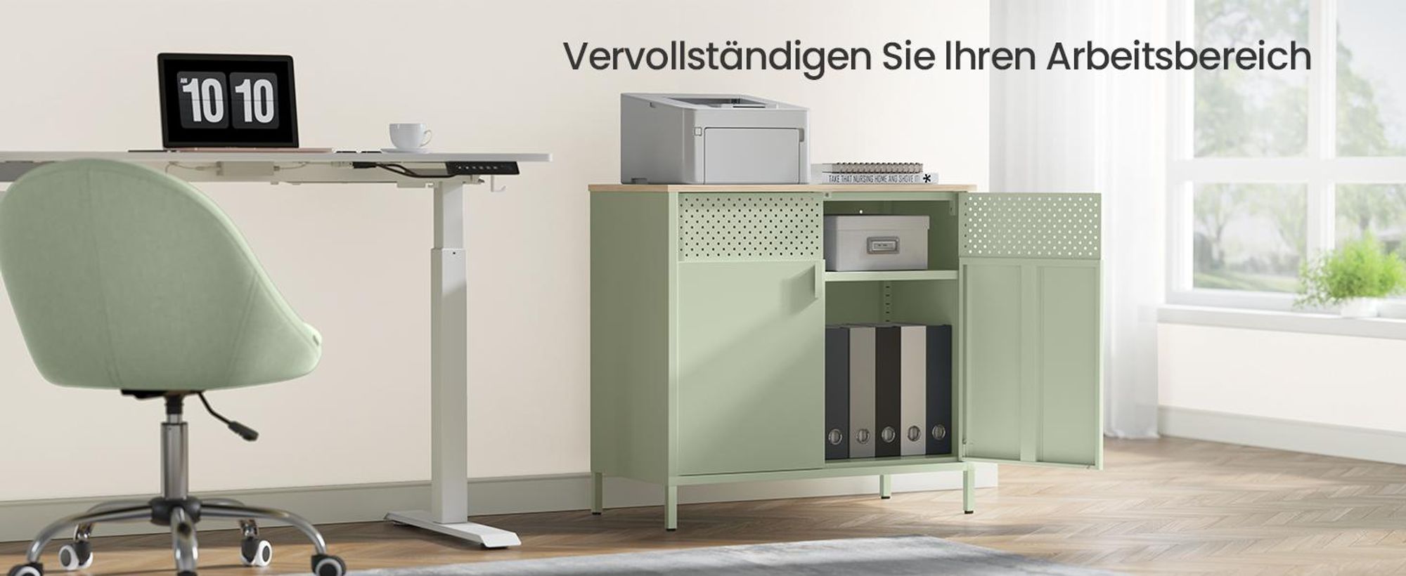 SONGMICS Sideboard Küchenschrank, verstellbarer Einlegeboden, 80x40x76 cm, Lorbeergrün-Natureichenfarben