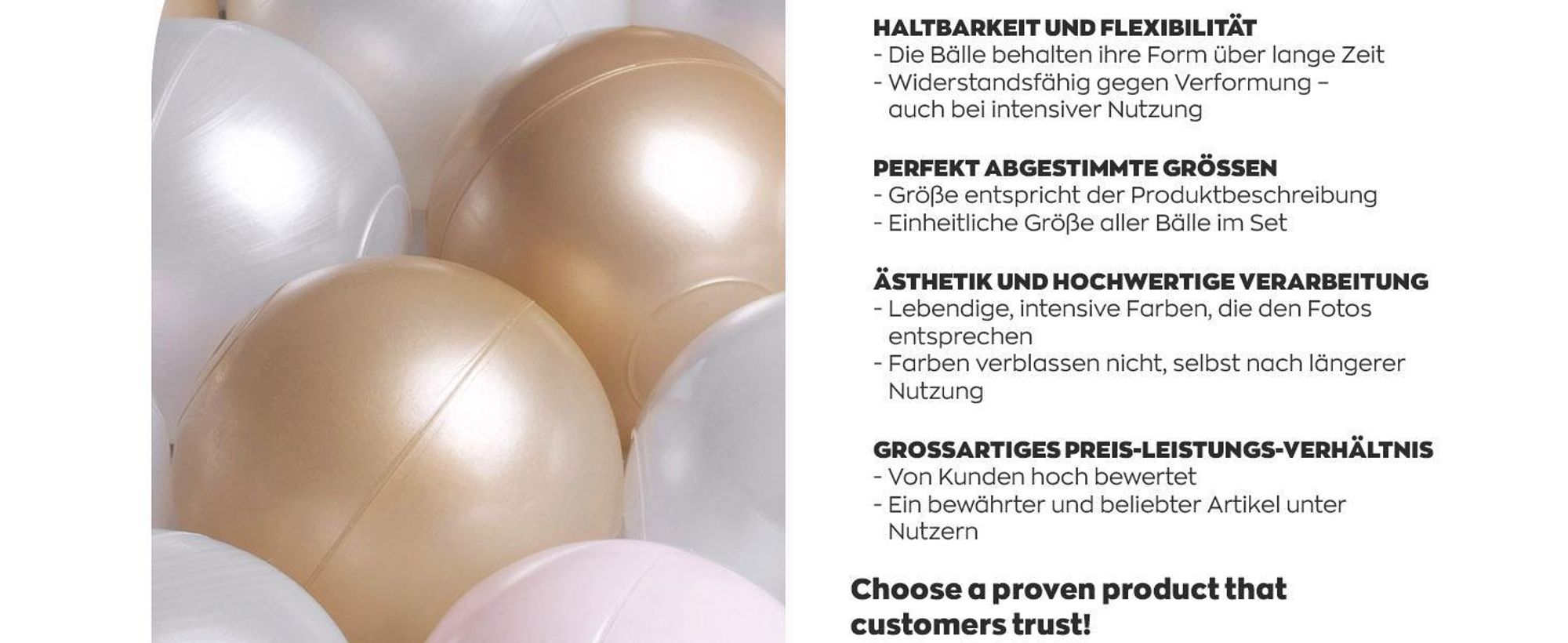 MISIOO Bälle für Bällebad 300 Stück - Bälle Ø 6 cm - Plastikbälle aus 100% LDPE - Hellrosa/Perlen/Gold - Perfekt für sicheres Spielen im Kinderzimmer