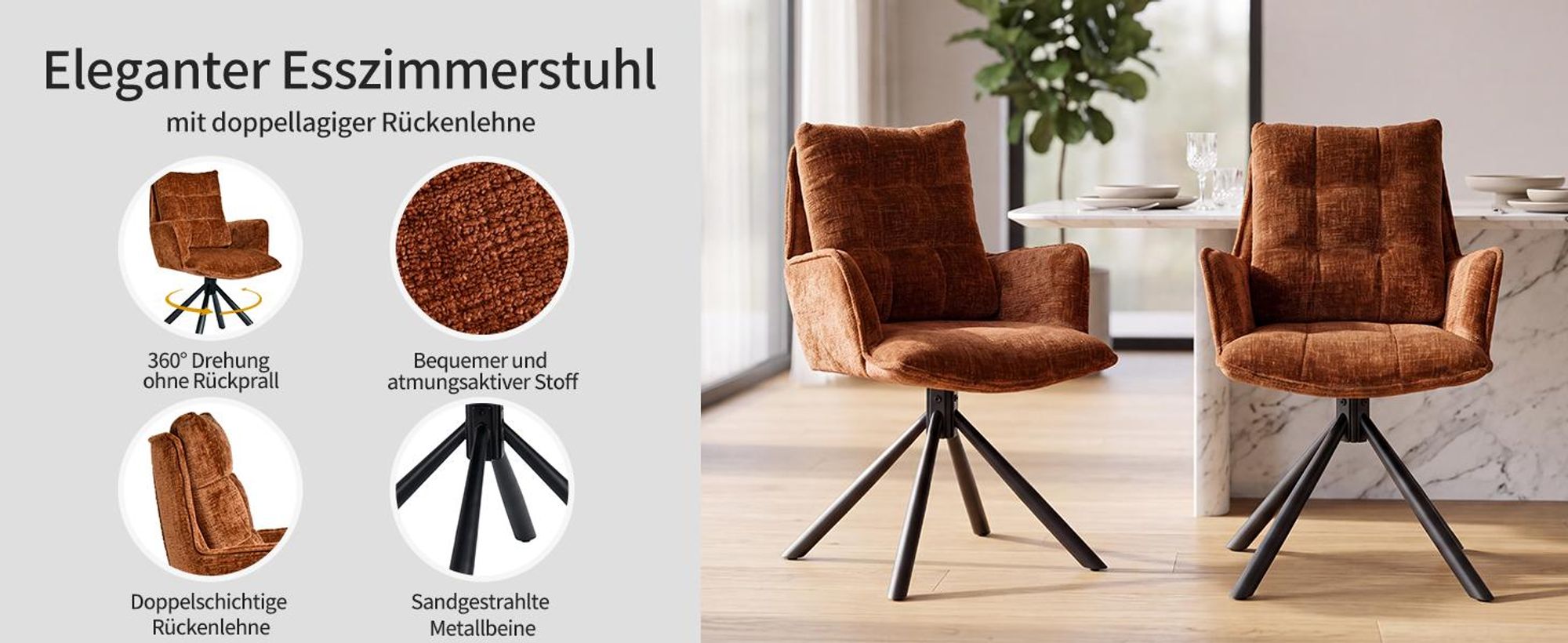 Duhome Esszimmerstuhl 360° Drehbar Loungesessel Chenille Stuhl Ergonomisch Sessel mit Rückstellfunktion für Büro Küche Wohnzimmer Schlafzimmer, Orange
