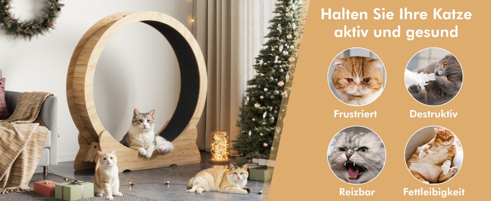 Mondeer Tier-Intelligenzspielzeug Laufband für Katzen,Innendurchmesser 100cm,Sicherheitsschloss-Design, Leises Scrollrad,110 x 117 x 36CM Naturholz