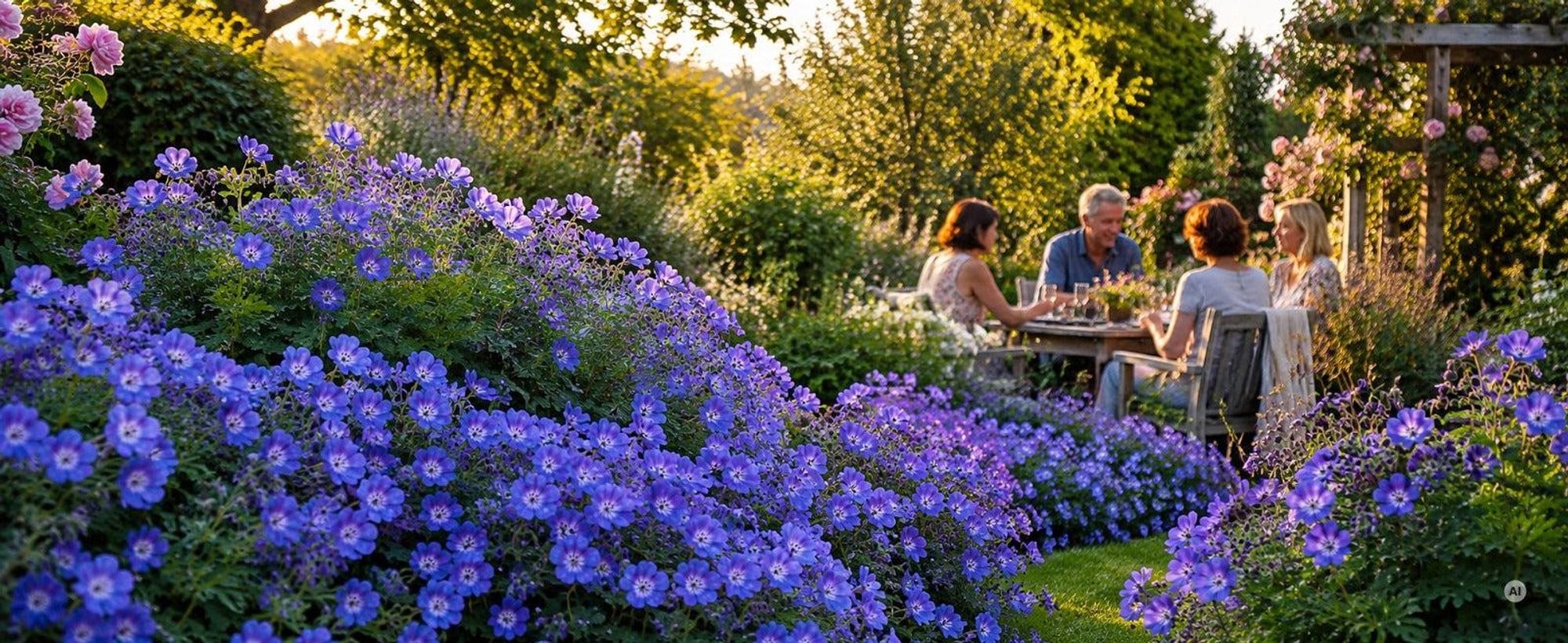 Geranium Rozanne blüht violettblau in üppiger e am Sitzplatz