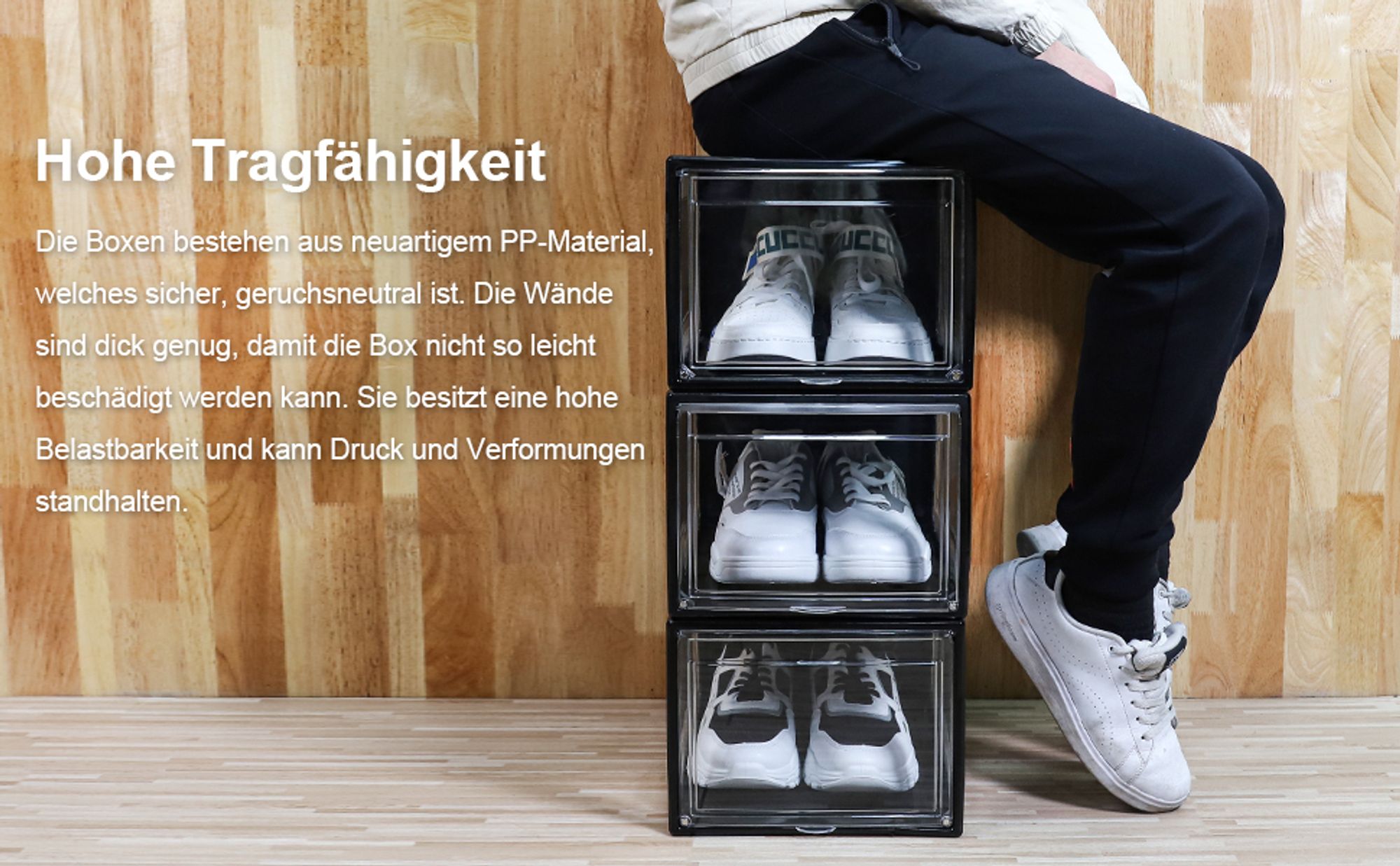Yorbay Schuhbox, 3er Set, stapelbarer Schuhorganizer, Kunststoffbox mit durchsichtiger Tür, Schuhaufbewahrung, 37 x25,5 x 20 cm, für Schuhe bis Größe 48, Super transparent schwarz