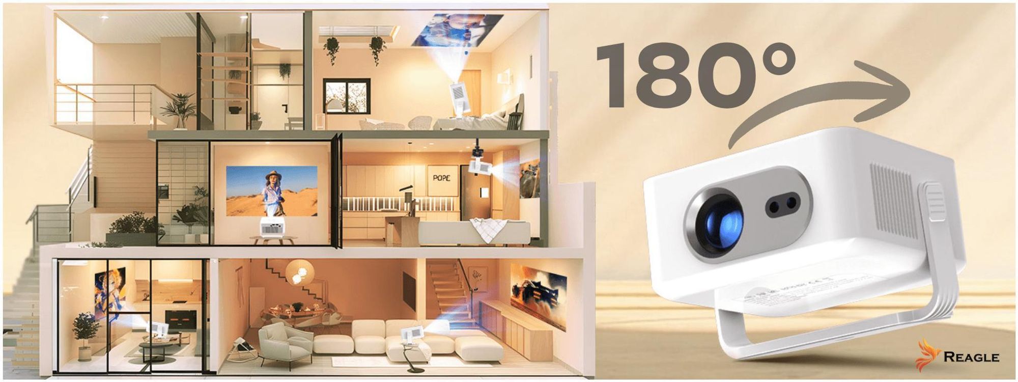 Smart Beamer Android 14 4K 300 ANSI WLAN Bluetooth 6 Autofokus Keystone 150" Tragbar Mini Projektor Heimkino Reagle