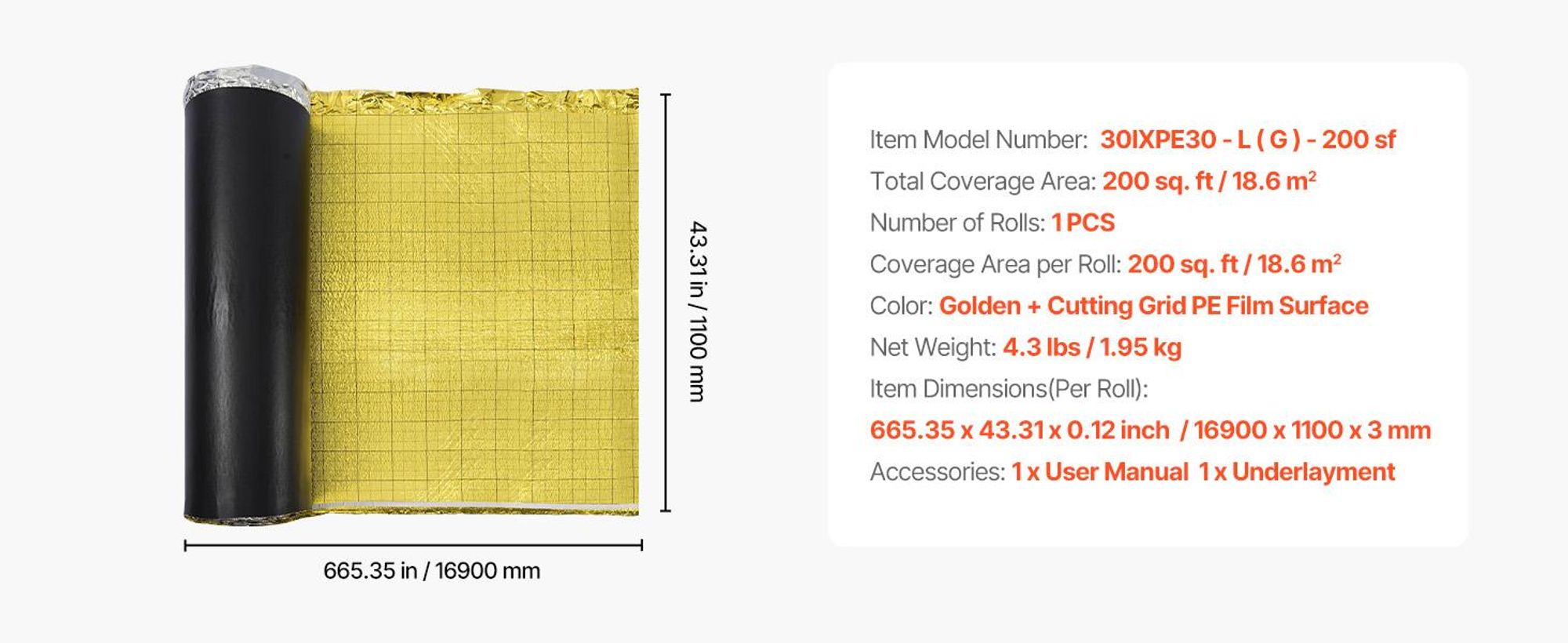 VEVOR Fußbodenunterlage 37,2 m², 3 mm Laminatbodenpolster mit angebrachter Dampfsperre, strapazierfähige Faser+PE-Folie, schalldämmend & geräuschreduzierend für Vinyl- & Holzböden (2 Rollen x 18,6 m²), 200 sq ft-3.0 mm-1 Volumen-IXPE