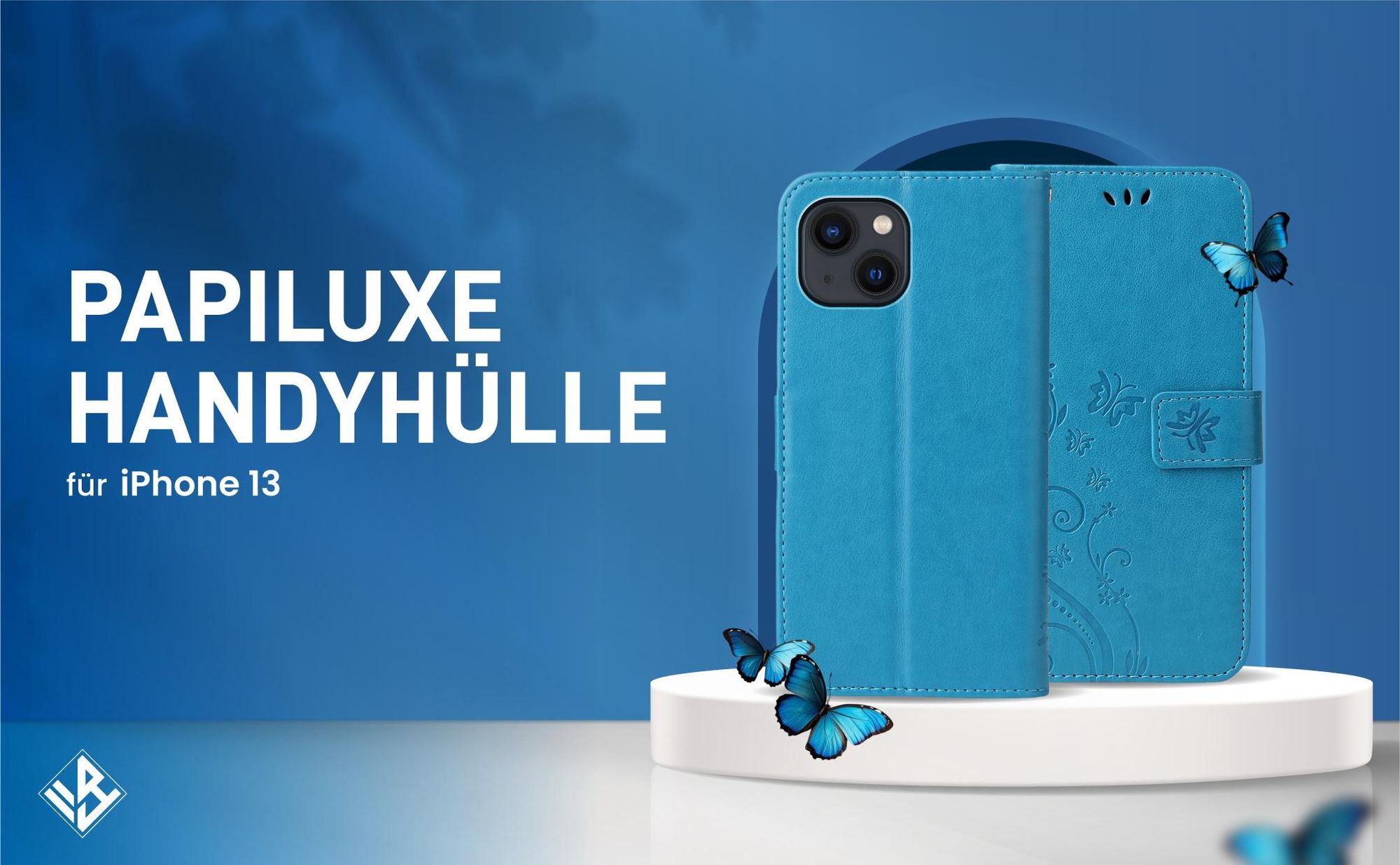 Blaue Klapphülle im Schmetterling Design für Apple iPhone 13 mit Wallet-Funktion