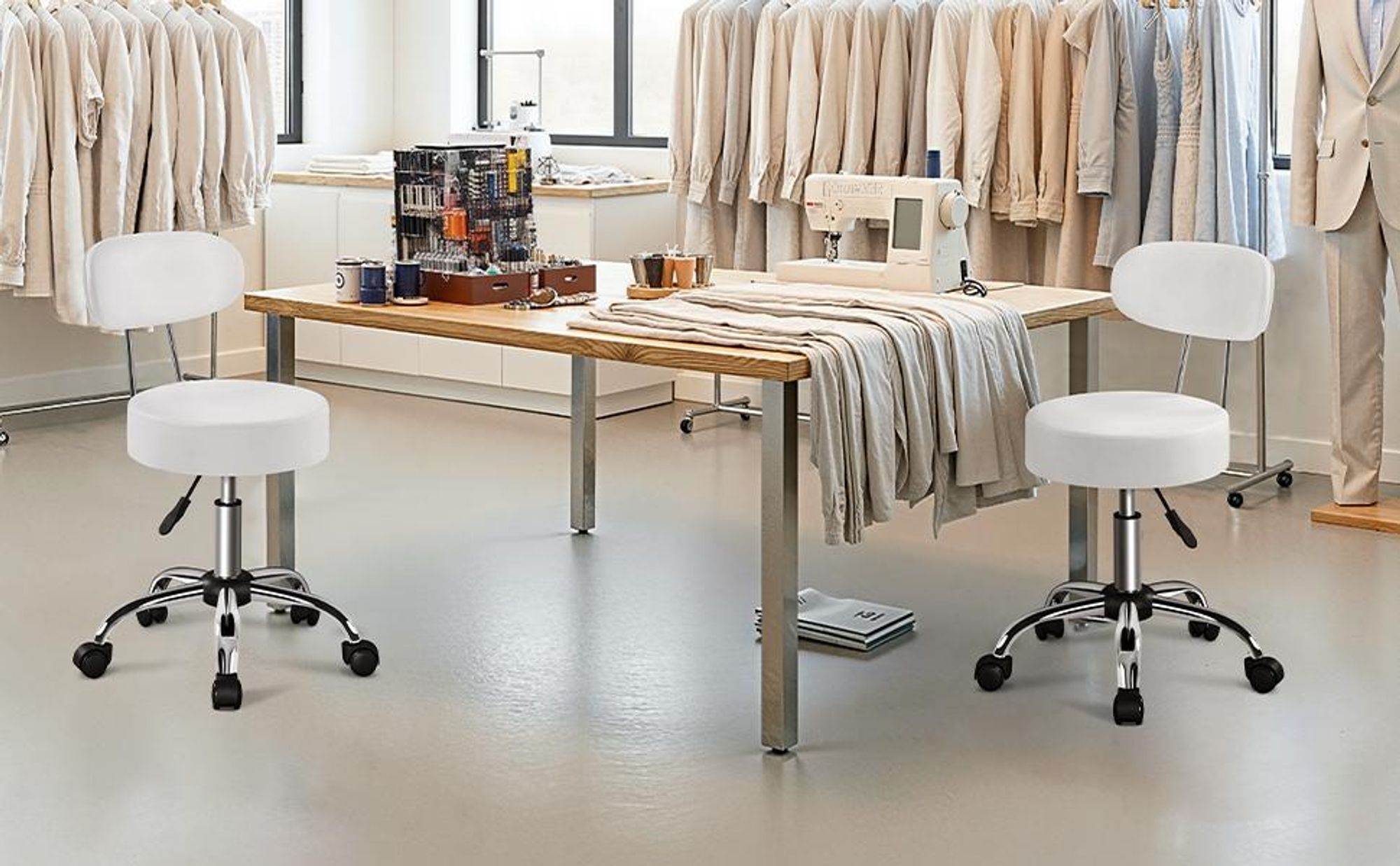 Yaheetech Drehhocker Rollhocker mit abnehmbaren Rückenlehnen, höhenverstellbarer Arbeitshocker, 75.5-85cm, mit Rollen, Weiß