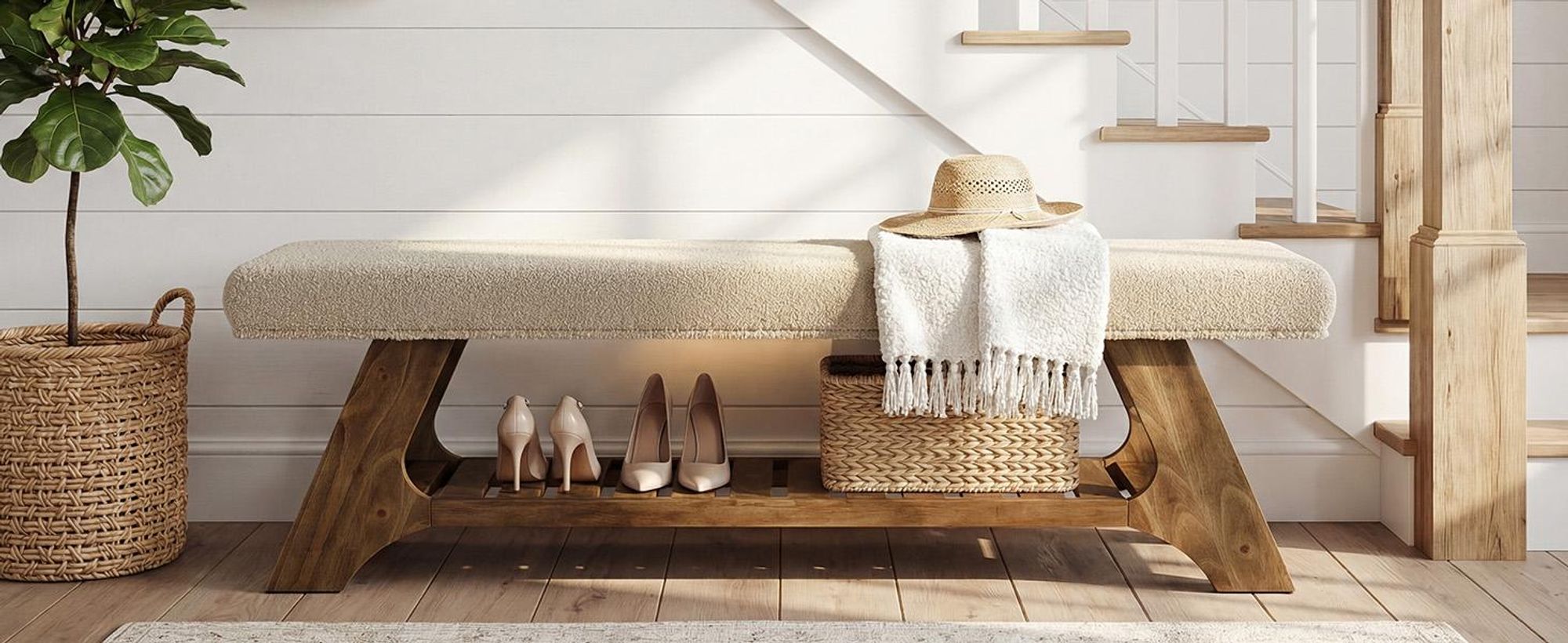 140 cm lange Sitzbänke mit Kissen und Schuhablage, zweistufige Schuhbank, gepolsterte Eingangsbank im Landhausstil für Schlafzimmer oder Flur