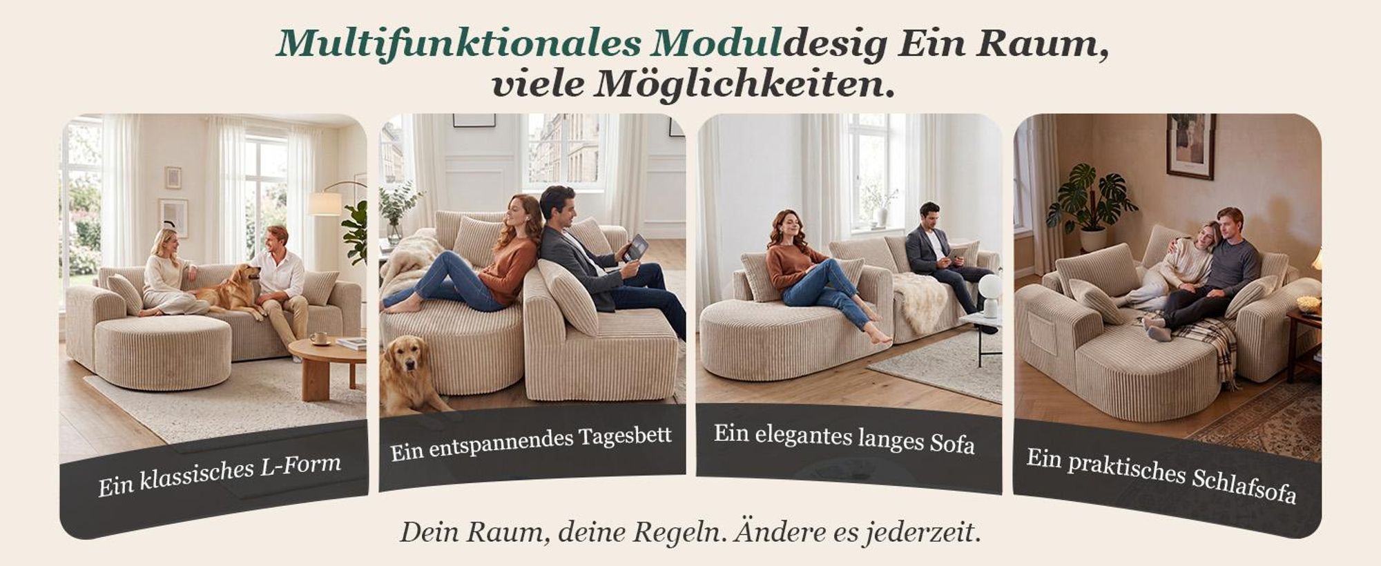 COMHOMA Ecksofa mit Schlaffunktion, 263cm Corduroy Modulares Boneless Couch mit Chaiselongue, L-Form Schlafsofa, Sektionssofas mit Kissen & Seitentasc