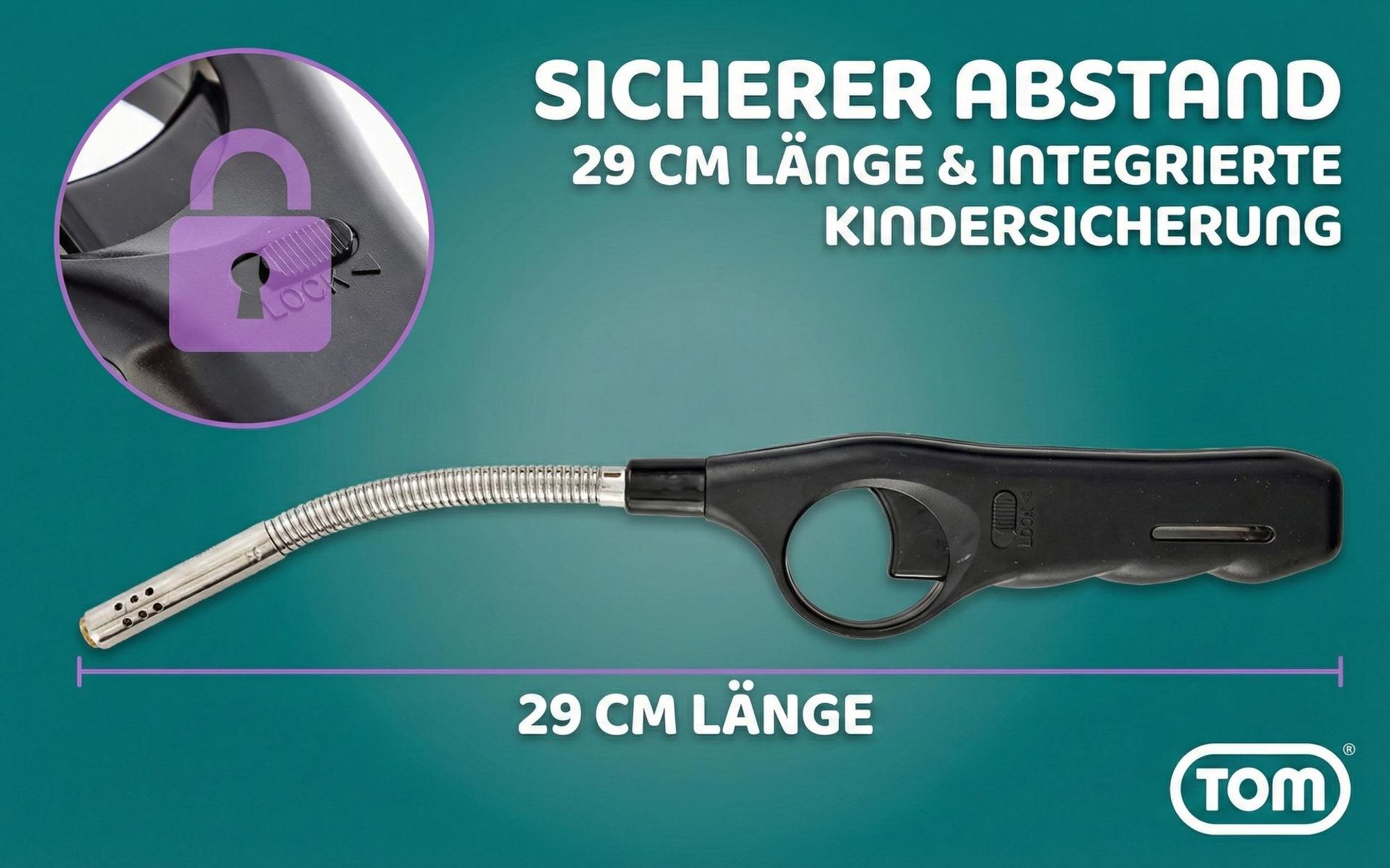 TOM Stabfeuerzeug Sturmfeuerzeug flexibler Stab Jet-Flamme 4er Set nachfüllbar 29cm
