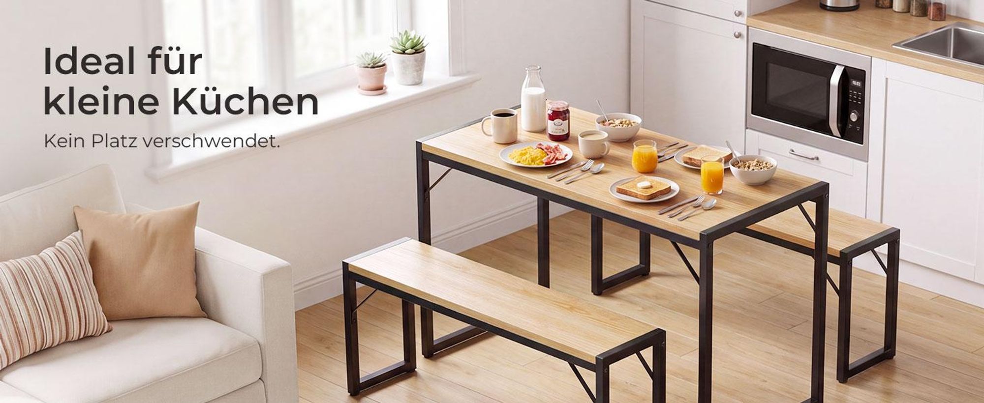 HOKEEPER Esstisch Set mit 2 Bänken, Platzsparende Sitzgruppe für Küche, Esszimmer & Restaurant, Industrial Tischgruppe mit Stahlrahmen,Hellbraun