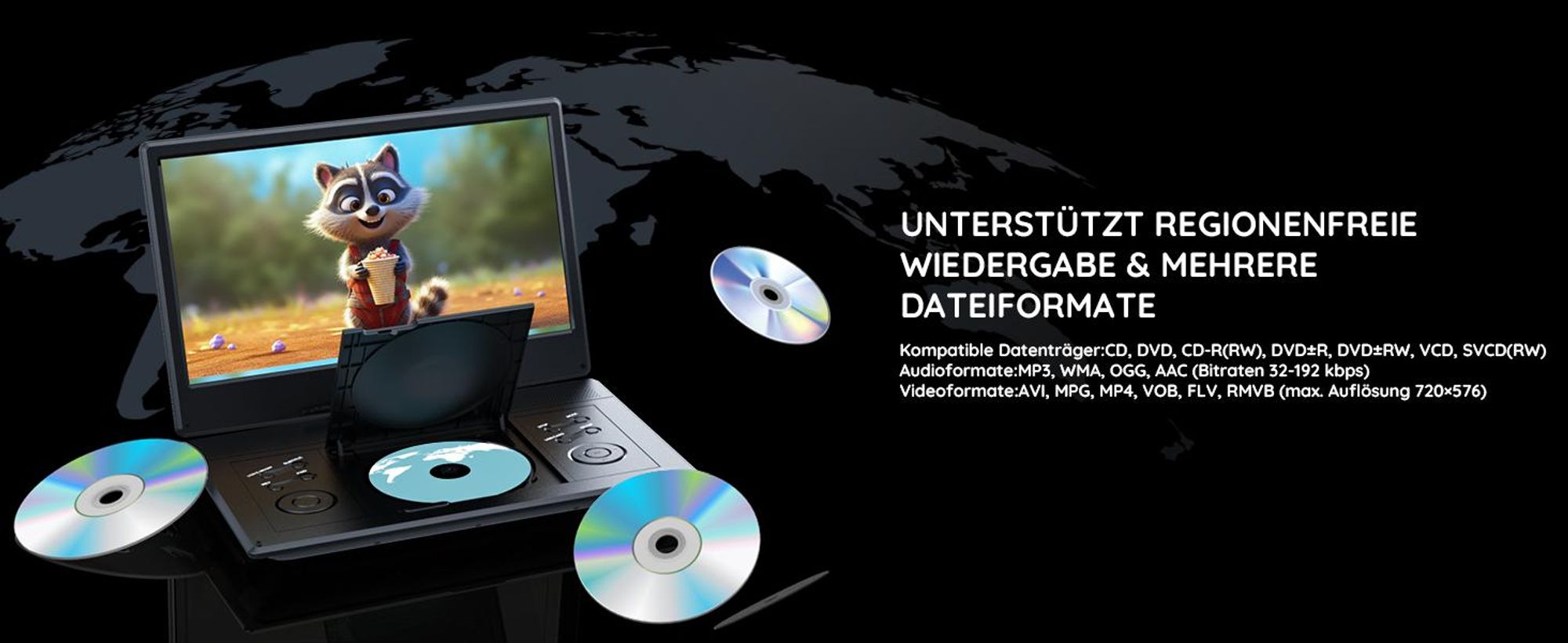15.7" Tragbarer DVD-Player mit 14"HD-Drehbildschirm, ideal fürs Auto 6 Stunden Akkulaufzeit intelligente SpeicherwiedergabeAlle Region Dual-Lautsprech
