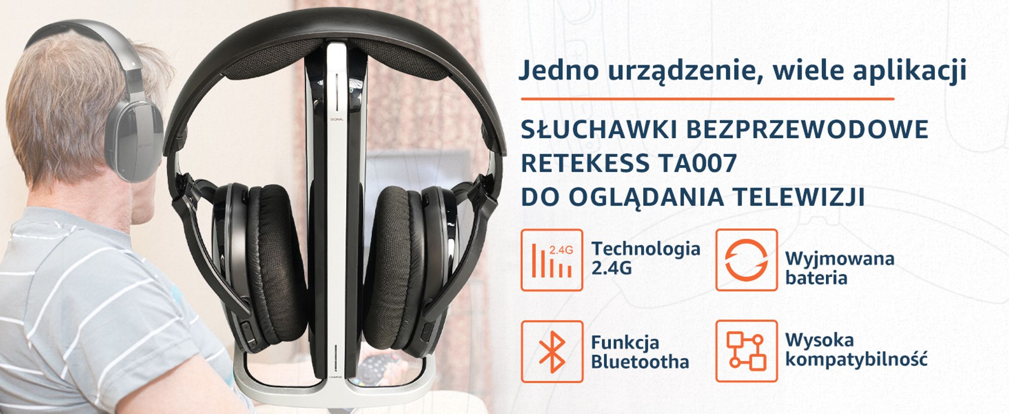 Retekess TA007 – bezprzewodowe słuchawki do telewizora, stacja ładująca z nadajnikiem 2,4 GHz, zasięg 60 m, kompatybilne z Bluetooth, słuchawki telewizyjne dla seniorów, mecz piłki nożnej