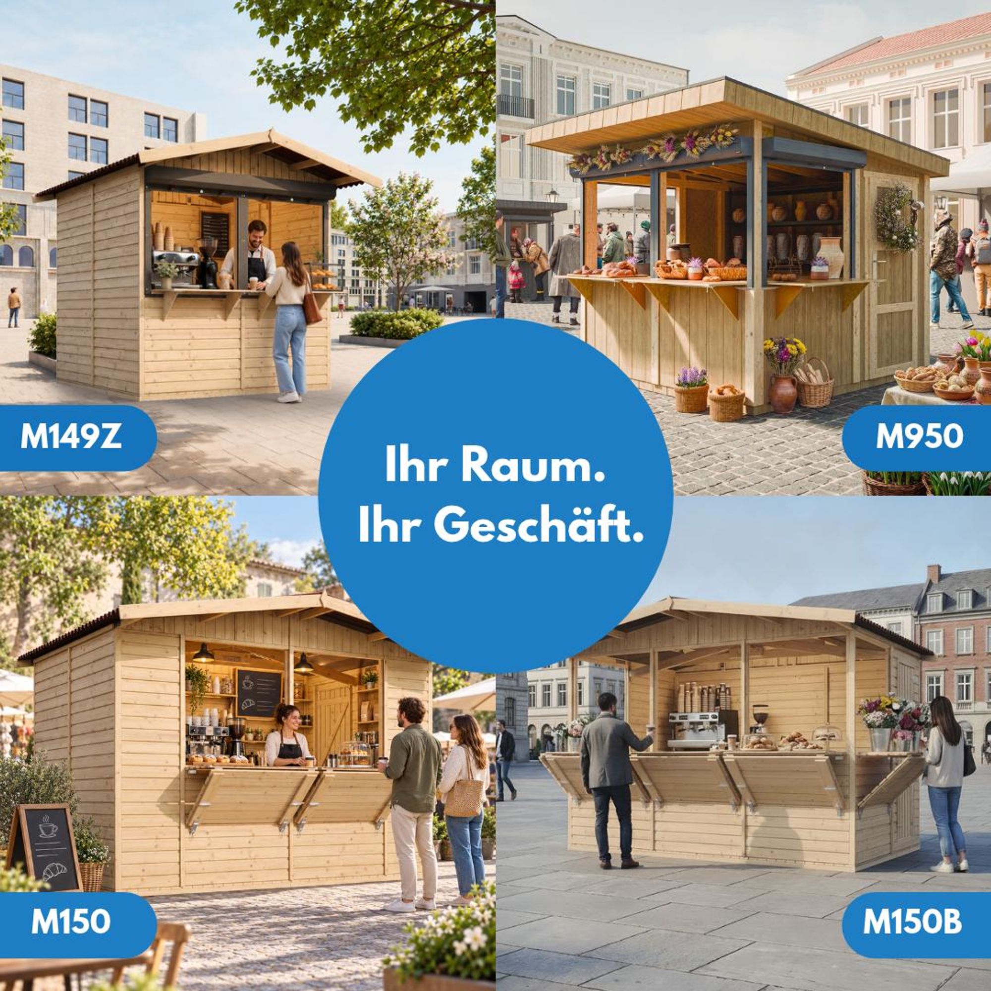 TIMBELA M149 - H232x253x263/4m2, große multifunktionale Garten-Bar Verkaufshütte Verkaufsstände aus Holz