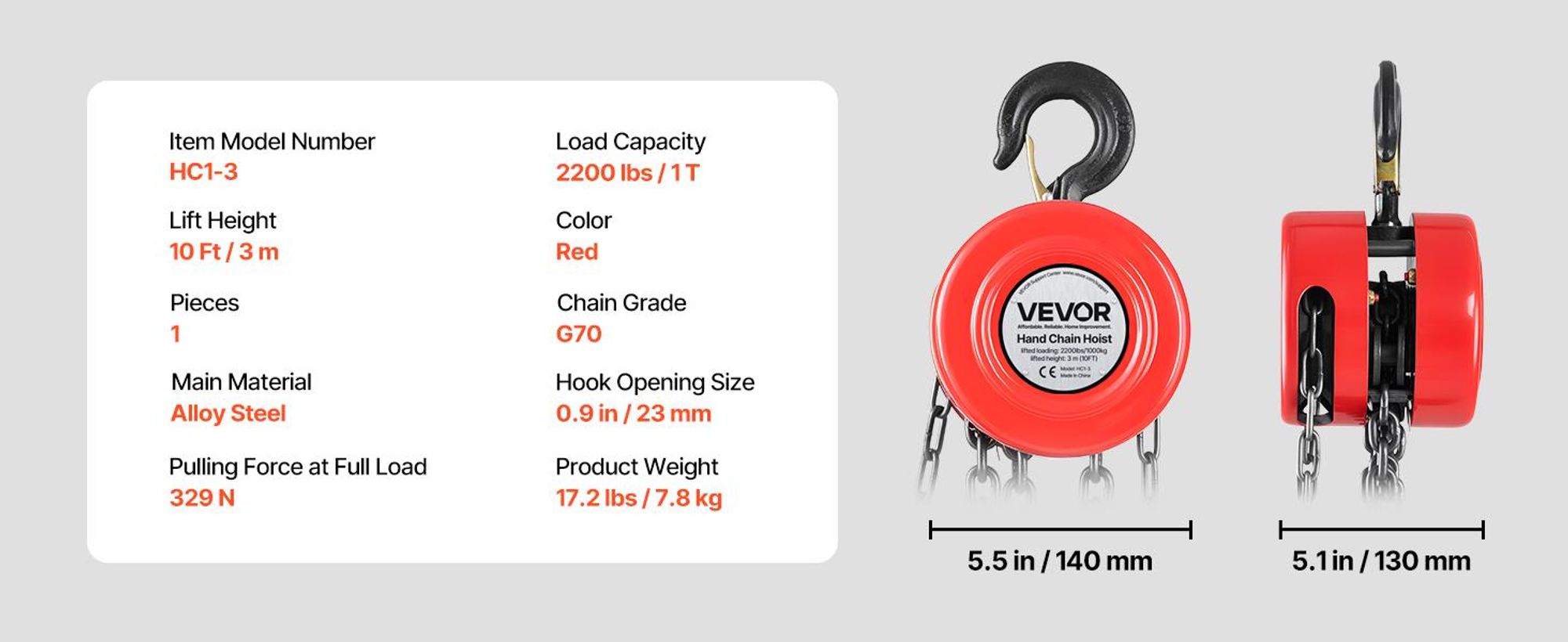 VEVOR Handkette, 1 Tonne Tragfähigkeit, manueller Kettenblock mit verbesserteter G70 verzinkter Kette, 6 m Hubhöhe, Schwerlastseilzug für Garage, Lager, Automobilmaschinen, Rot, 10 FT