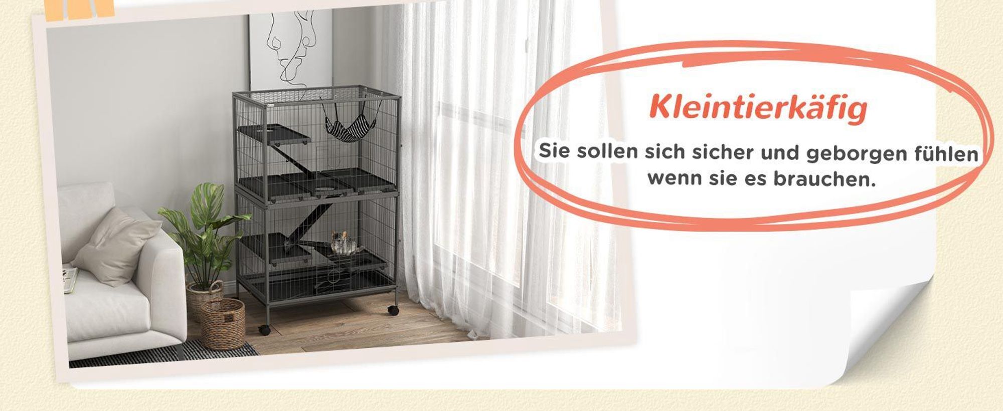 PawHut Kleintierkäfig mit Hängematte, Nagetierkäfig mit Rollen, 80 x 52 x 128 cm