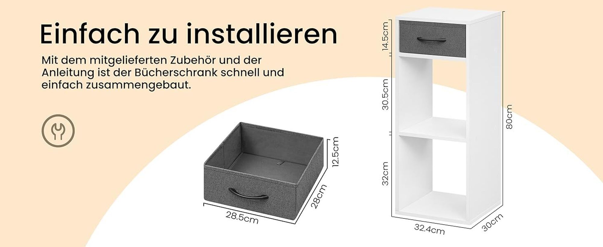 WOLTU Bücherregal mit 3 Ebenen, 1 Stoffschublade 2 Würfeln, 32,4x80x30 cm, Weiß