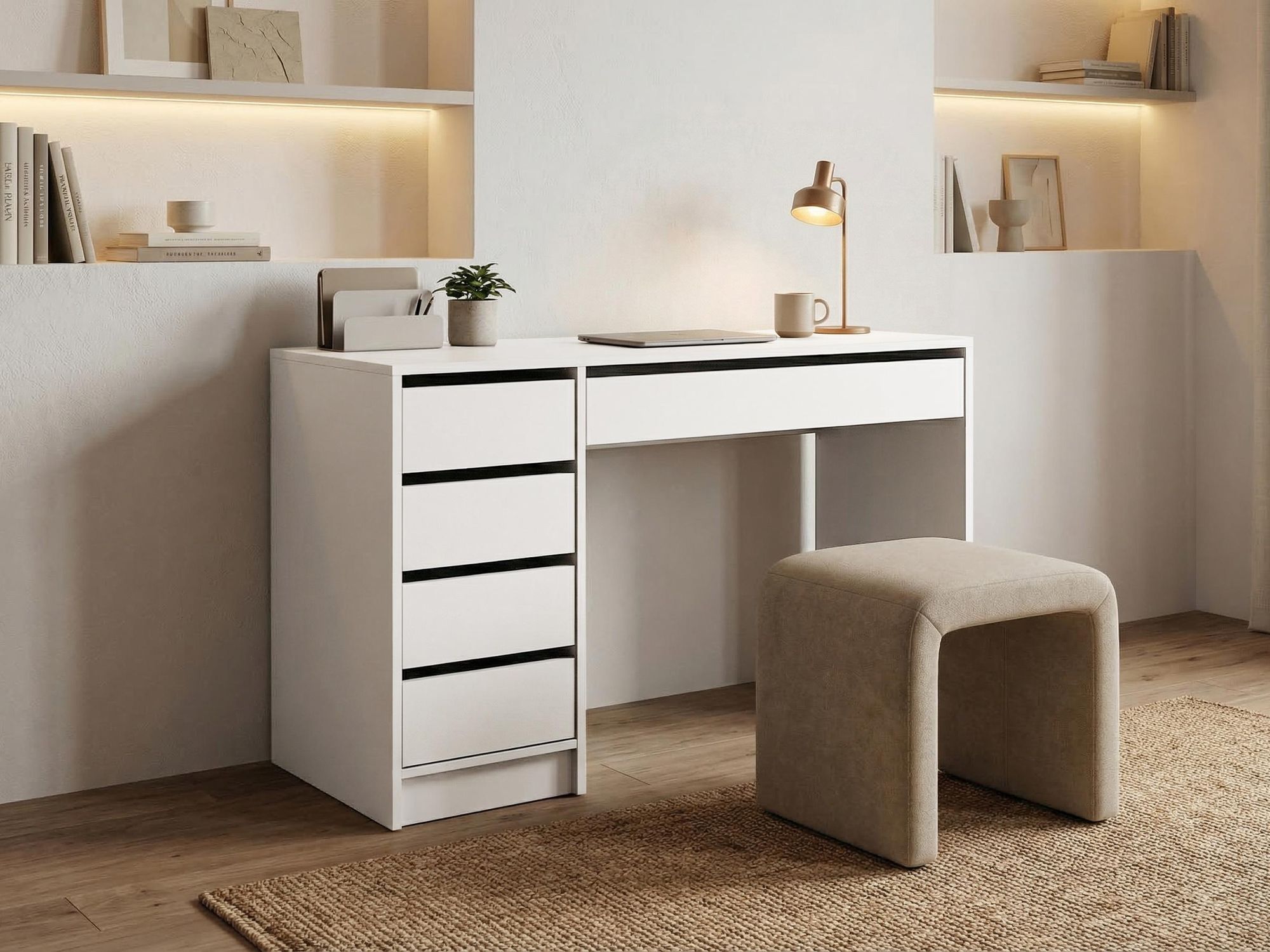 BEAUTYSOFA | Schminktisch MALTA Weiß 120 cm mit 5 Schubladen, flexibel rechts/links montierbar – Moderner Bürotisch, funktionaler Arbeitstisch