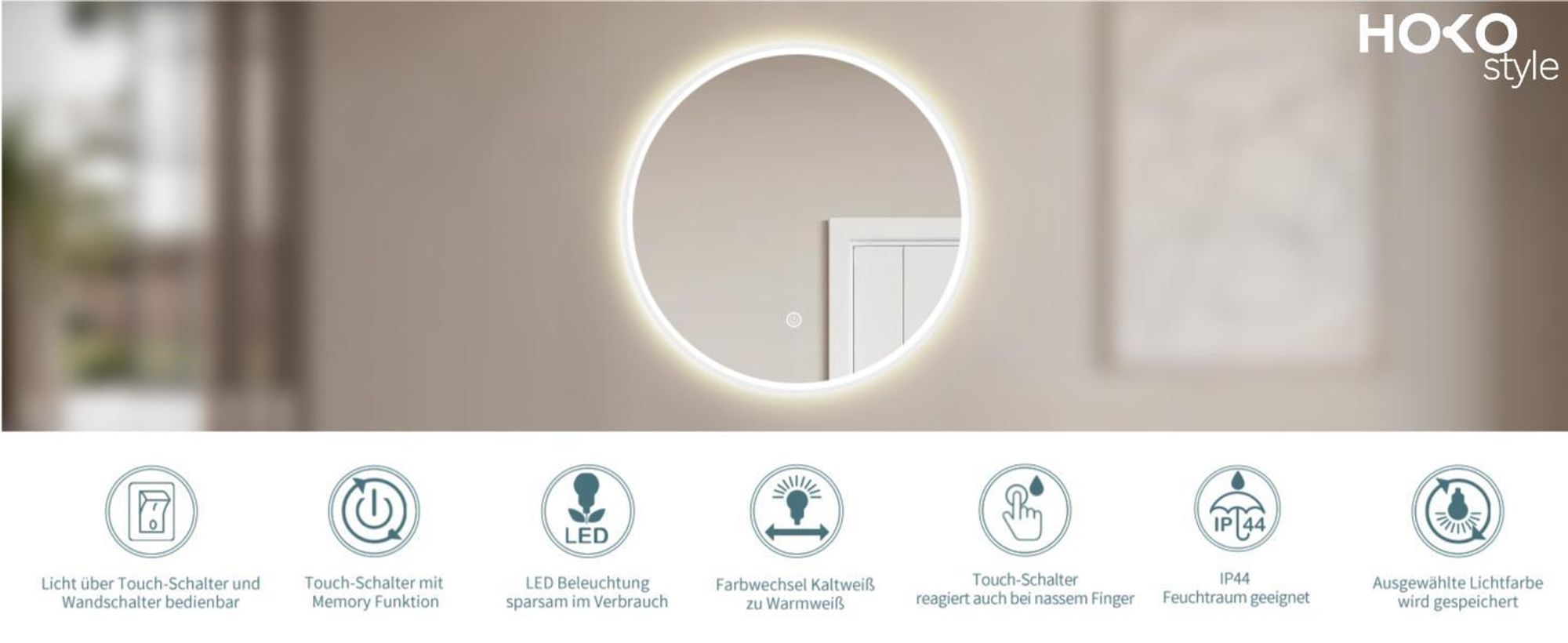 HOKO Design Badspiegel rund 80 cm Wien mit Metall Rahmen Weiß. Energiesparend LED beleuchtet + Touch Schalter + LED Licht Wechsel.