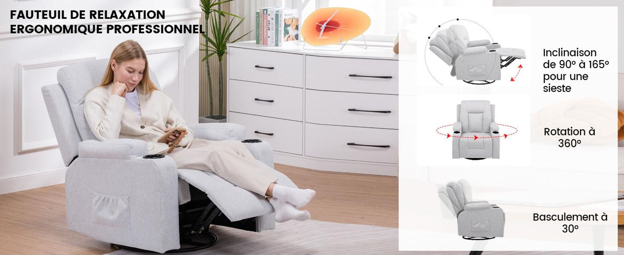 COMHOMA Fauteuil de relaxation Fauteuil TV en tissu avec fonction chaise longue Fauteuil TV réglable, Recliner Chair, gris clair-tissu