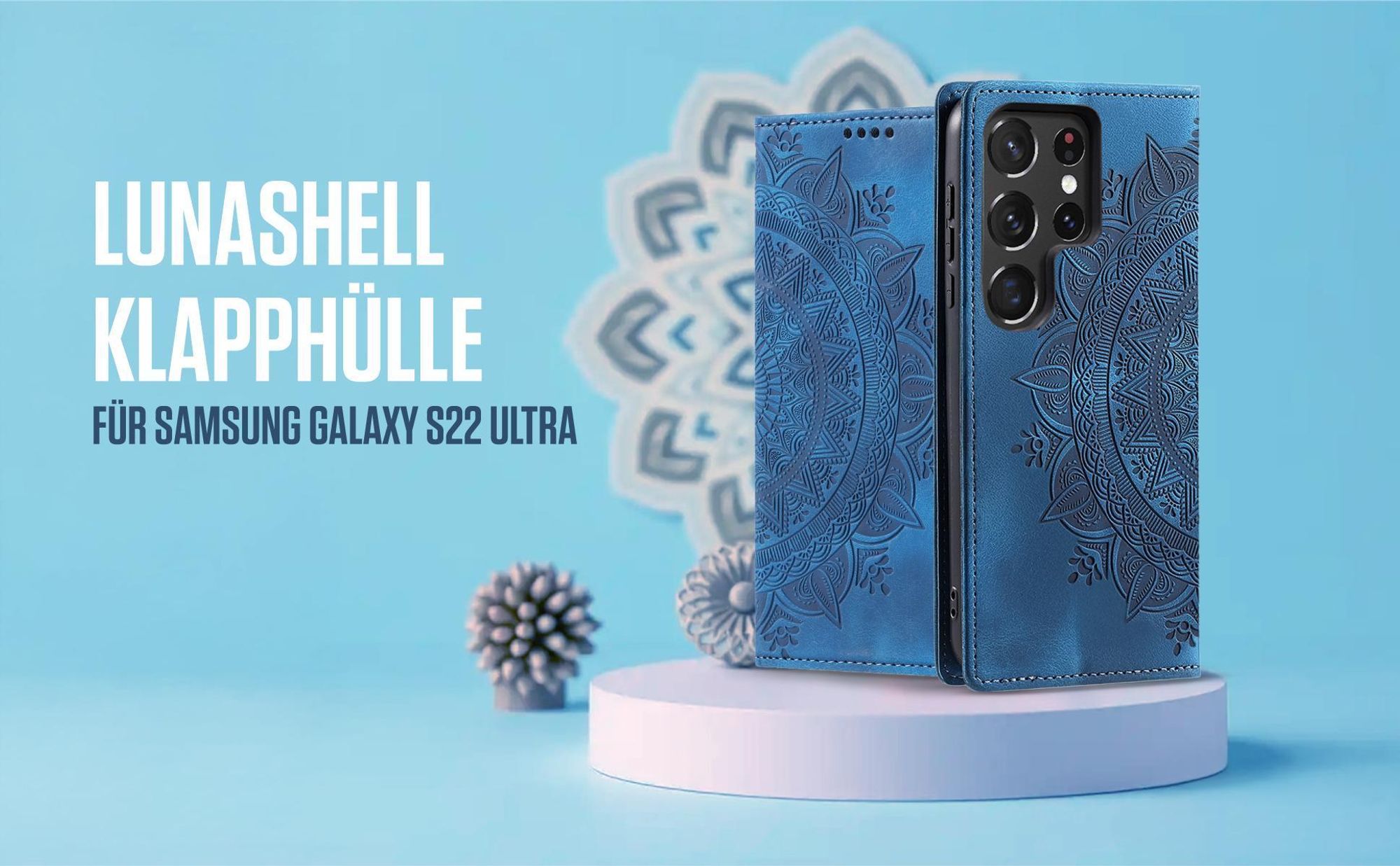 Blaue Klapphülle für Samsung Galaxy S22 Ultra mit feiner Mandala Prägung