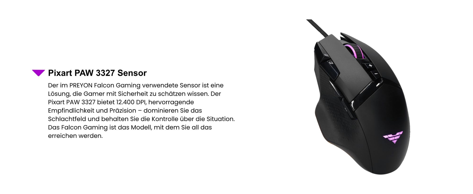 PREYON Falcon Gaming Spielmaus Robuste Gaming-Maus - Sensoren Pixart PAW 3327 - Schwindelerregende 12400 DPI - RGB Beleuchtung - Schalter Omron 20M - Software - Gummigriffe