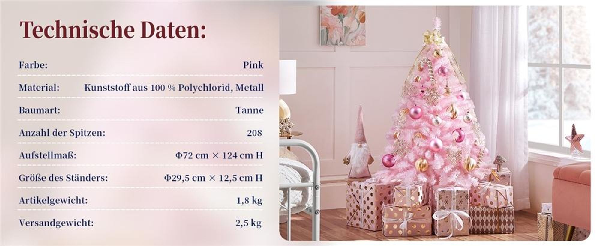 Yaheetech 124 cm Künstlicher Weihnachtsbaum mit 208 Spitzen & faltbarem Metallständer, Tannenbaum Kunstbaum für Weihnachten, rosa