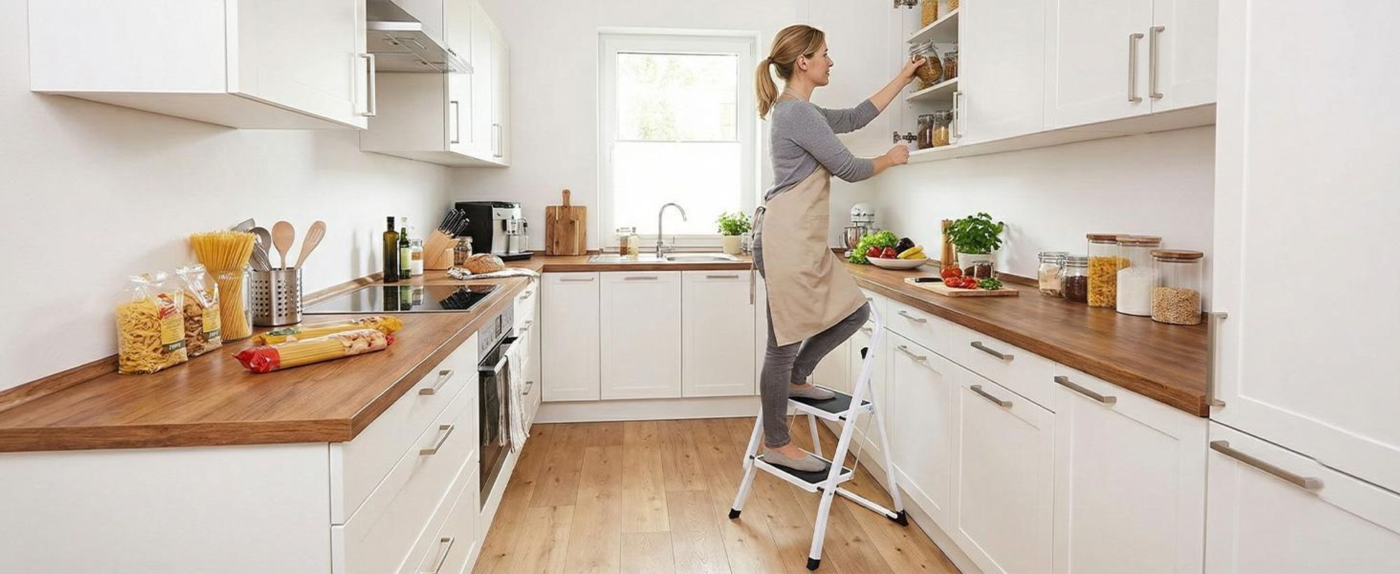 Sekey Trittleiter Klappleiter 3 Stufen – bis 150 kg, rutschfest, Lock-Klappsperre, Haushaltsleiter