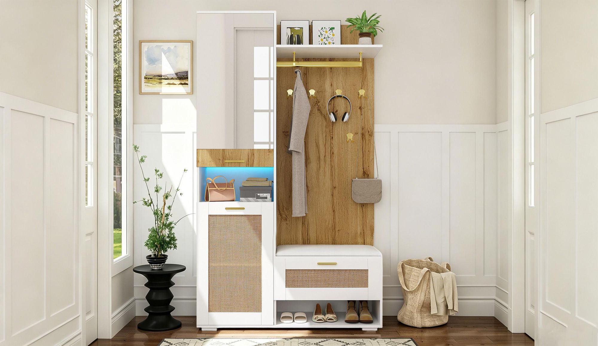 okwish Garderobenset, Kleiderschrank-Set mit Spiegel, 110 x 38 x 190 cm Weiß und Holzoptik, Goldener Kleiderhaken, Schuhschrank, Wandgarderobe, oberem Stauraumfach, LED-Licht