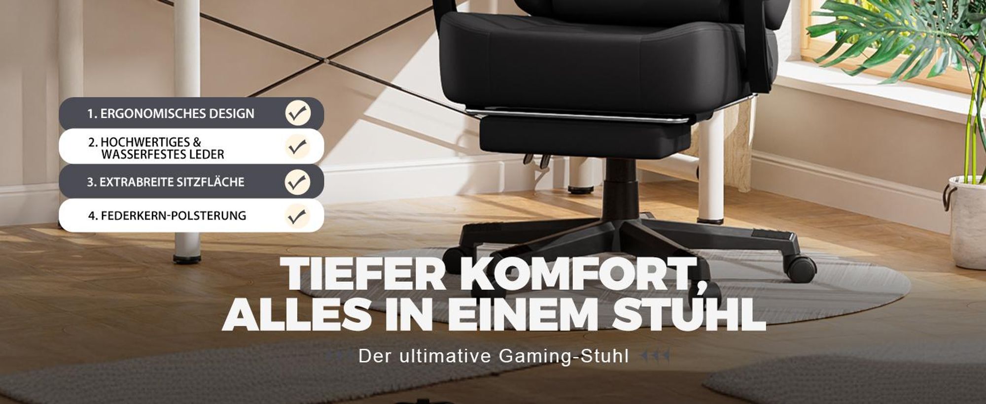 GTPLAYER Gaming Stuhl Ergonomischer Gaming Sessel Schreibtischstuhl Bürostuhl mit Kunstleder Federsitzkissen, Verbindungsarmlehnen, mit Fußstütze