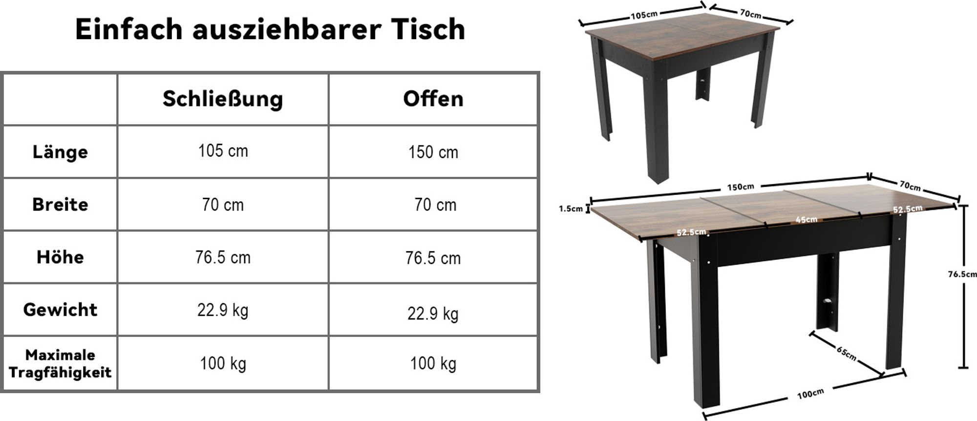Puluomis Ausziehbarer Esstisch, Erweiterbarer Tisch 70x105-150cm, Klapptisch mit Verstärkter MDF-Platte, Küchen-/Wohnzimmertisch schwarz braun