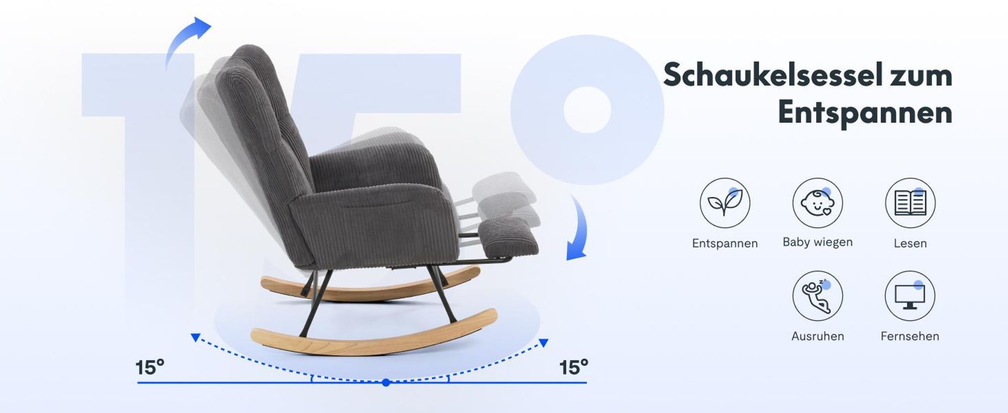 FLEXISPOT Schaukelstuhl Schaukelsessel hohe Rückenlehne & Fußstütze, Moderner Relaxsessel mit Holzkufen, gepolstert für Wohnzimmer, bis 120 kg Grau