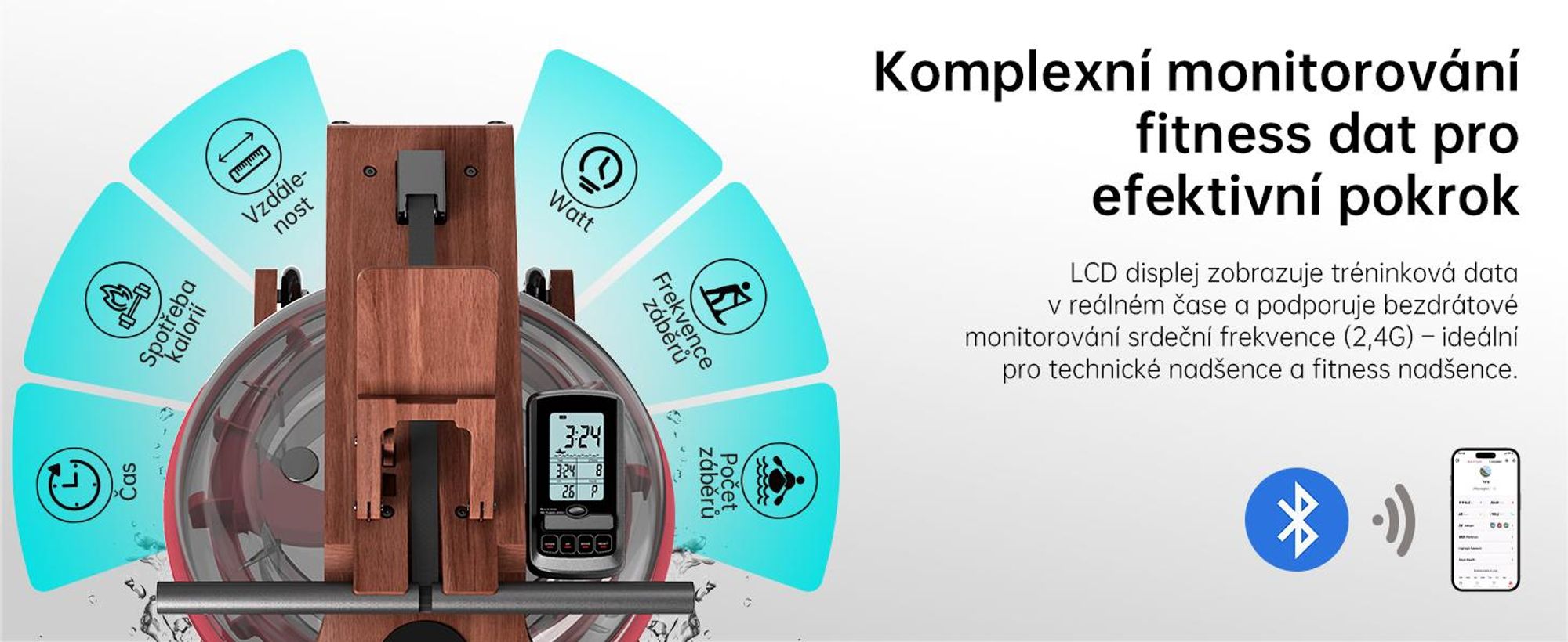 JASPORT R3 skladací vodný veslovací trenažér na doma z ho dubového dreva Bluetooth, LCD, Kinomap, 28 l, do 150 kg – Sapele