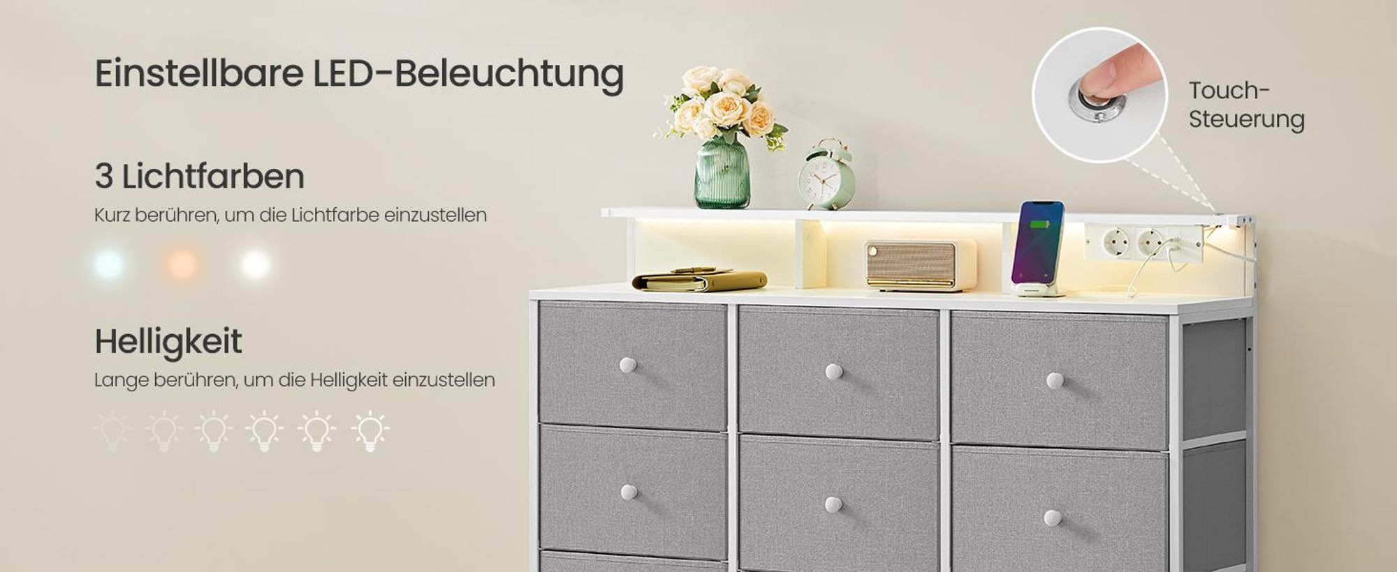SONGMICS Kommode, Aufbewahrungsschrank mit 9 Schubladen und LED-Beleuchtung