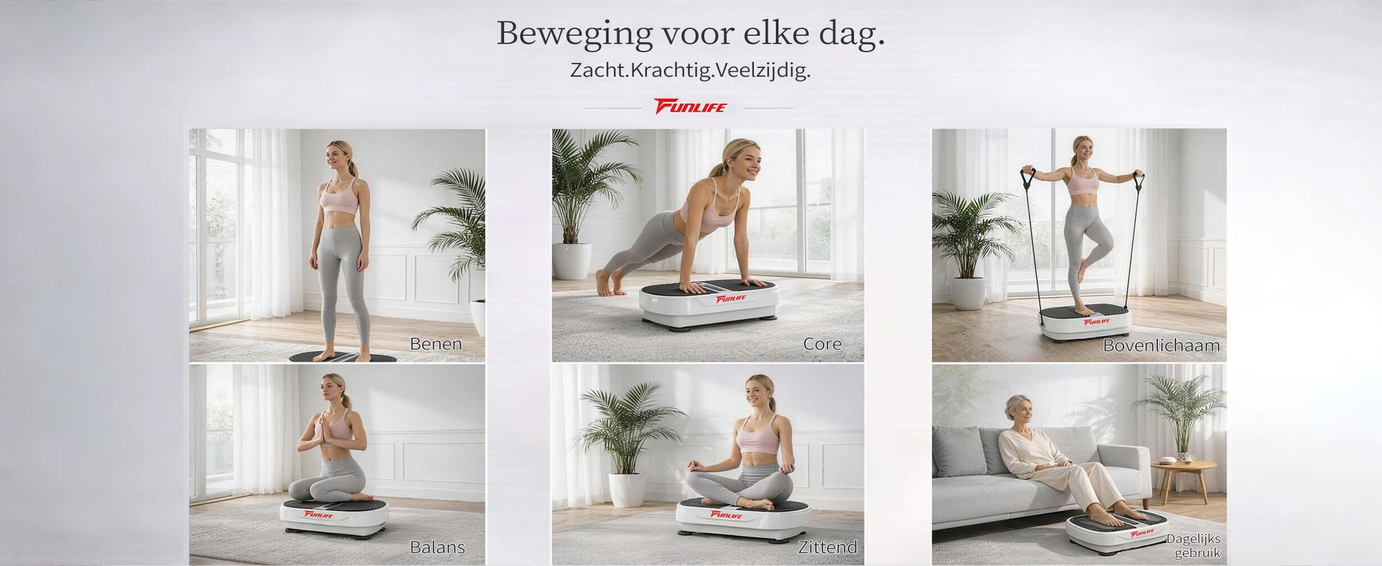 FunLife V8 Trillingsplatform – 180 intensiteitsniveaus, 5 programma's, Bluetooth-luidspreker, weerstandsbanden, geruisloos, training voor het hele lichaam, geschikt tot 120 kg