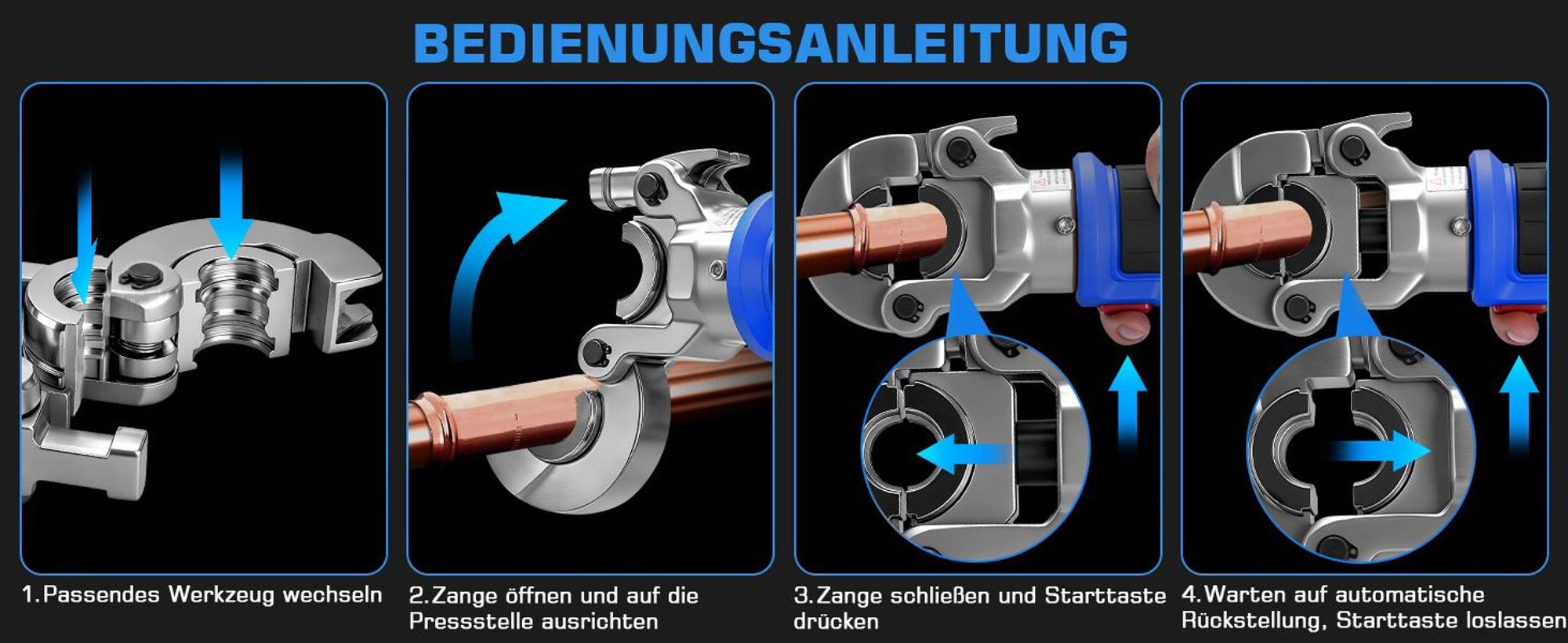 60kN Akku Presszange TH +V Kontur (TH 16 20 26 32+ V 12 15 18 22 28) mit 2x 5Ah Akku Automatische Verpressung für Kupfer-, Edelstahl- & Verbundrohre
