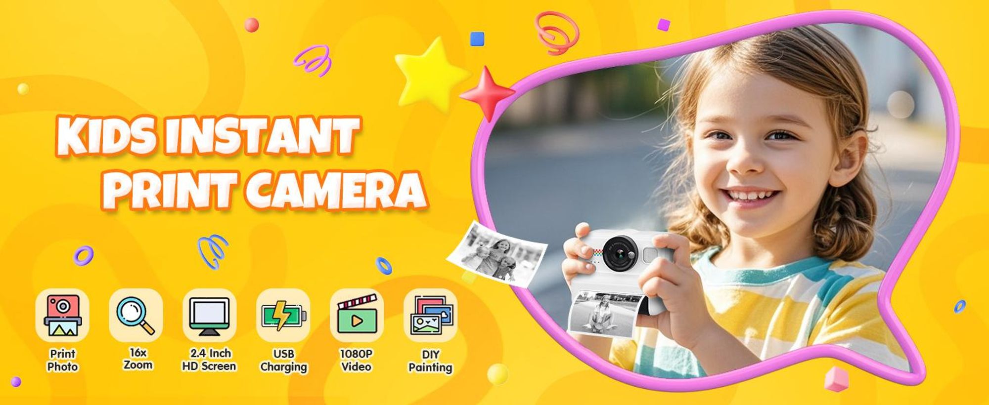 Kinderkamera, Kinder Digitalkamera, Sofortbildkamera, 1080P HD Kinder kamera, mit 32GB Karte & 3 Rollen Druckpapier